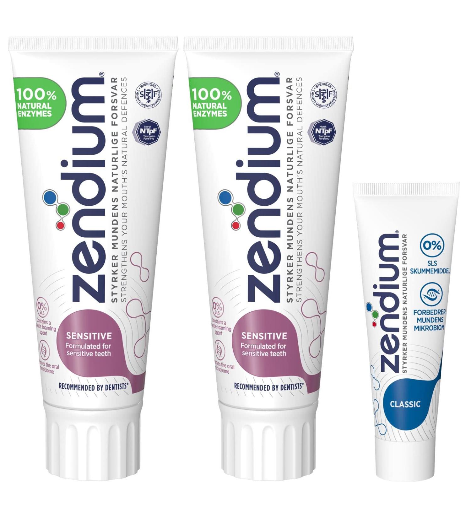 Zendium Toothpaste for sensitive teeth Sensitive Strengthens the natural defense of your mouth 2x 75 ml and Classic Toothpaste 1x15 ml
