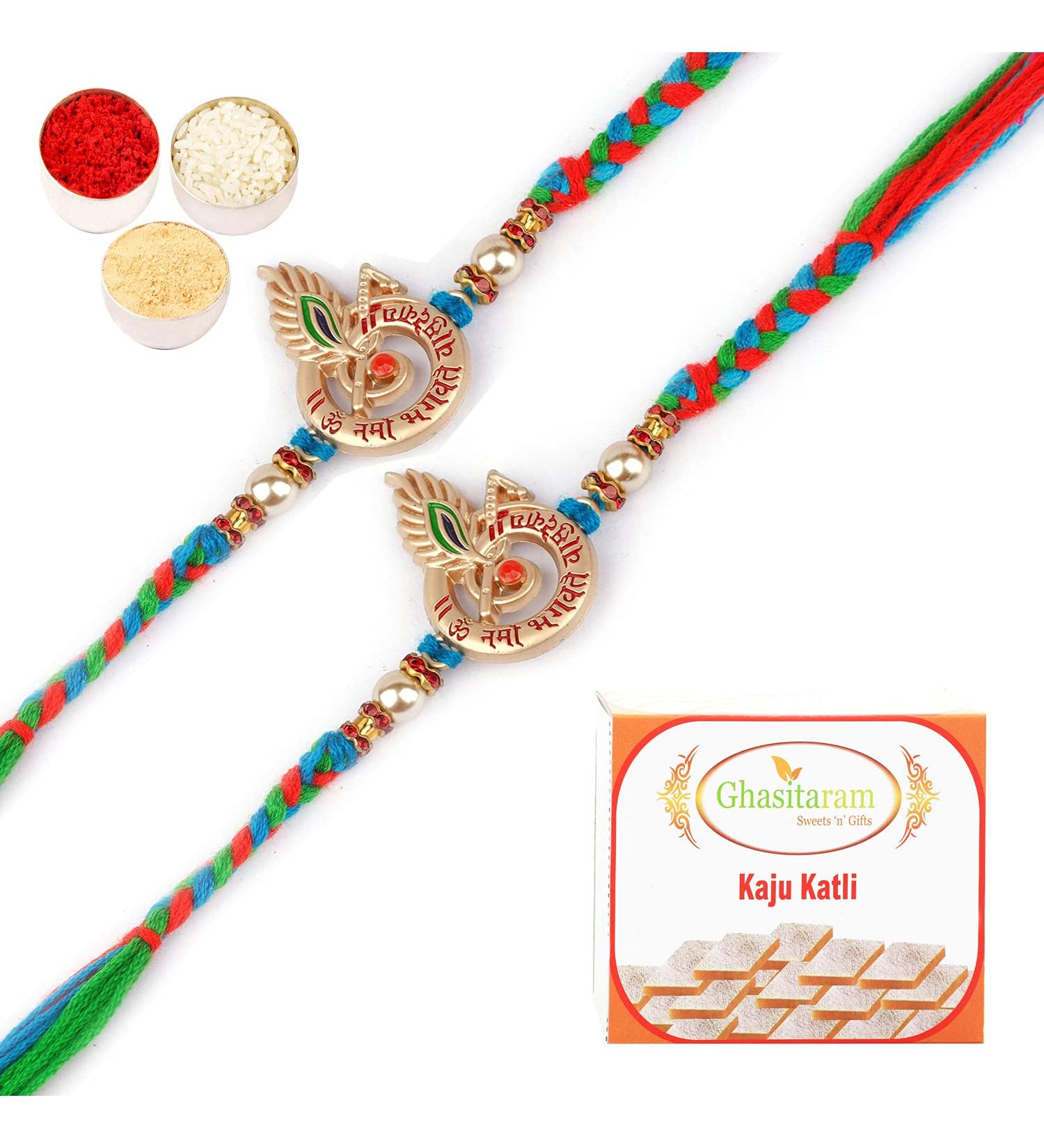 Ghasitaram Gifts Rakhi for Brother Rakhis Online - Set of 2-8528 Fancy Thread Rakhi with 200 GMS of Kaju katli - Buy Online on GoSupps.com