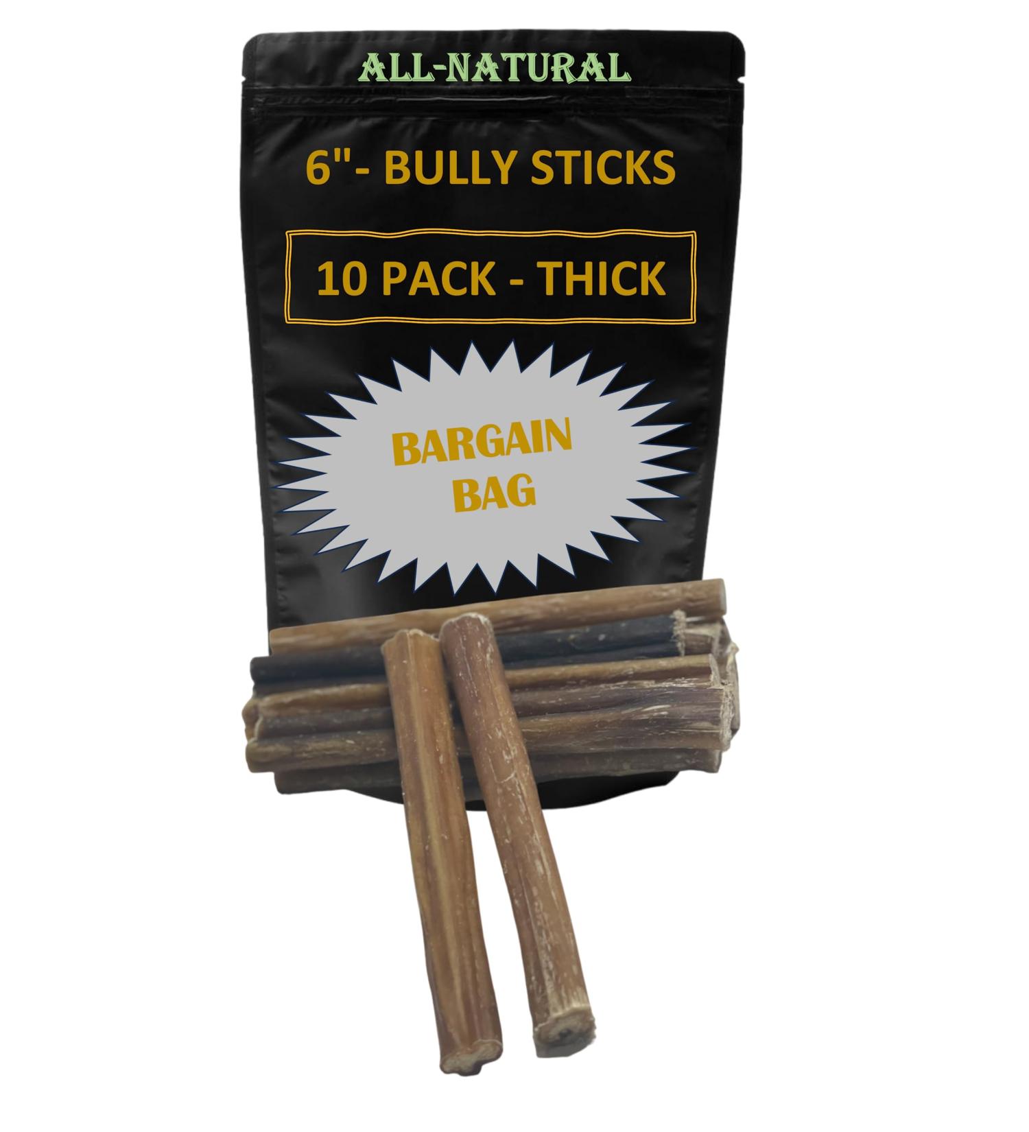 Bully Sticks - 6" Thick - 10 Pack - Bargain Bag - Long Lasting - - Wholesale Prices - Premium Single Ingredient Dog Chew - All Natural - Dental Chew - Fully Digestible - Buy Online on GoSupps.com