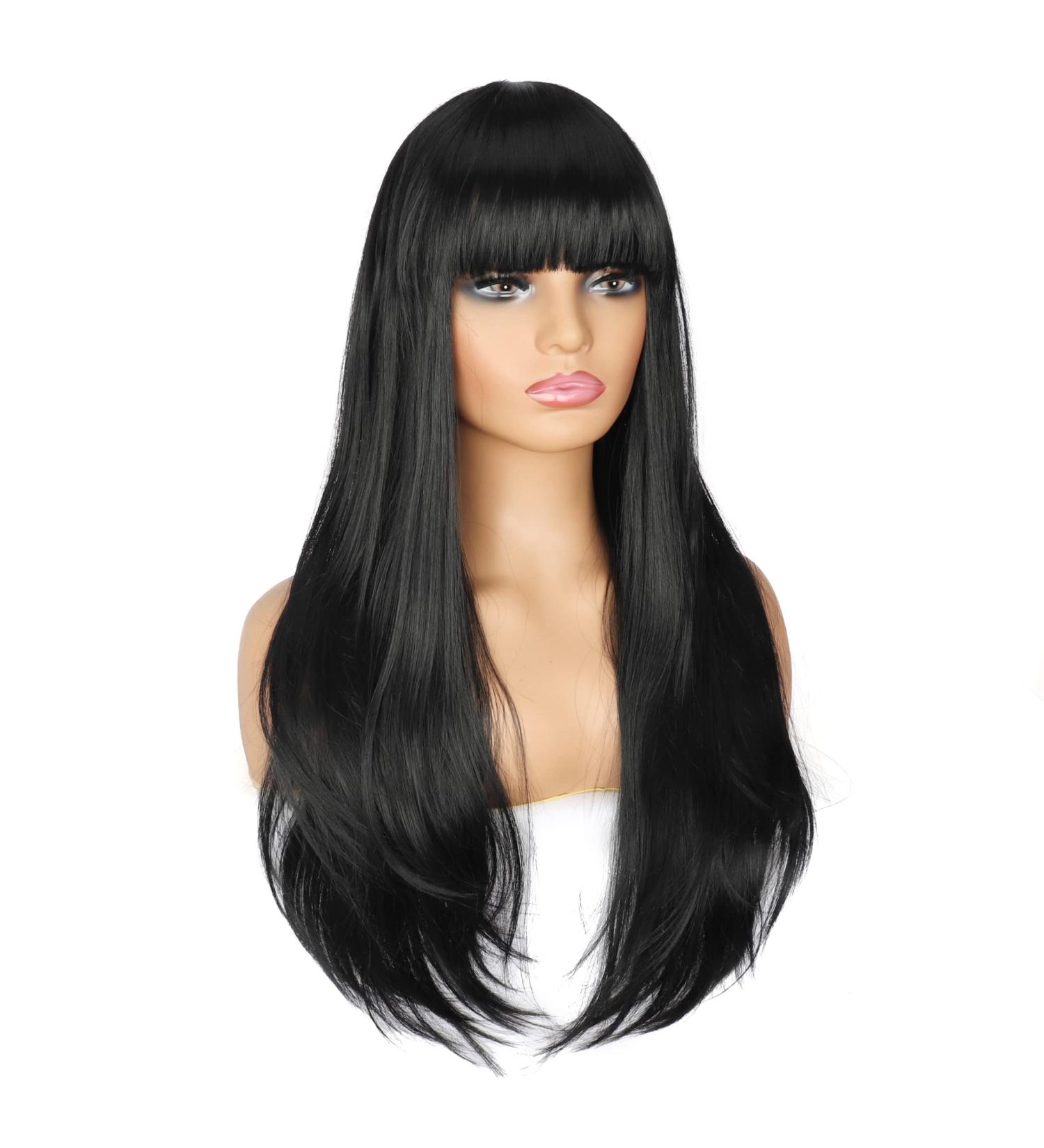 PORSMEER 32 Inch/80cm Long Black Wigs for Women Layered Straight Synthetic Heat Resistant Hair Wig with Fringe for Ladies Cosplay Party Halloween Costume Anime - Buy Online on GoSupps.com