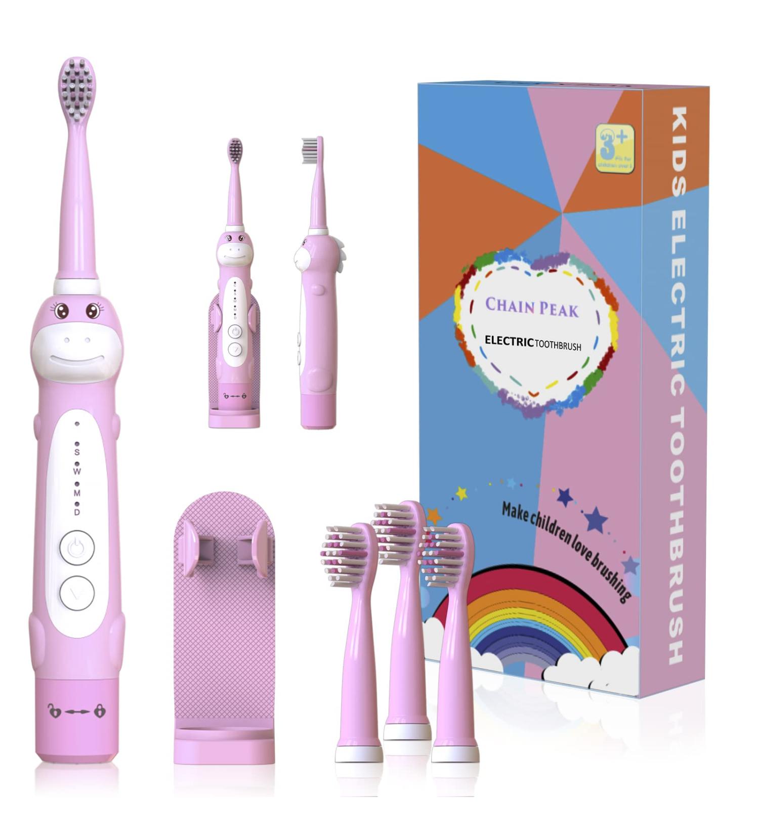 Dinosaur Electric Toothbrush for Kids | Sonic Toothbrush for Children Age 3-12 | Rechargeable with Timer & 5 Modes | Pink | Includes 4 Brush Heads and Wall-Mounted Holder - Buy Online on GoSupps.com