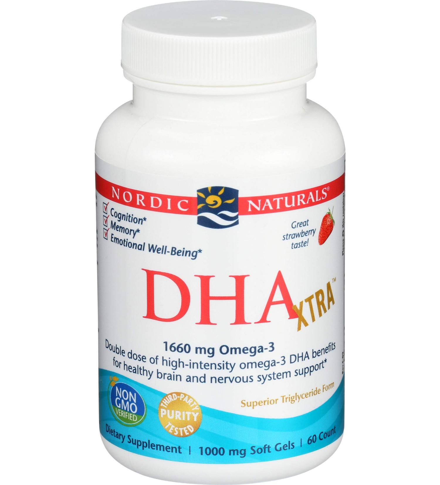 Nordic Naturals DHA Xtra 1000 mg - Strawberry Flavor, 60 Soft Gels - Omega-3 Supplement - Buy Online on GoSupps.com