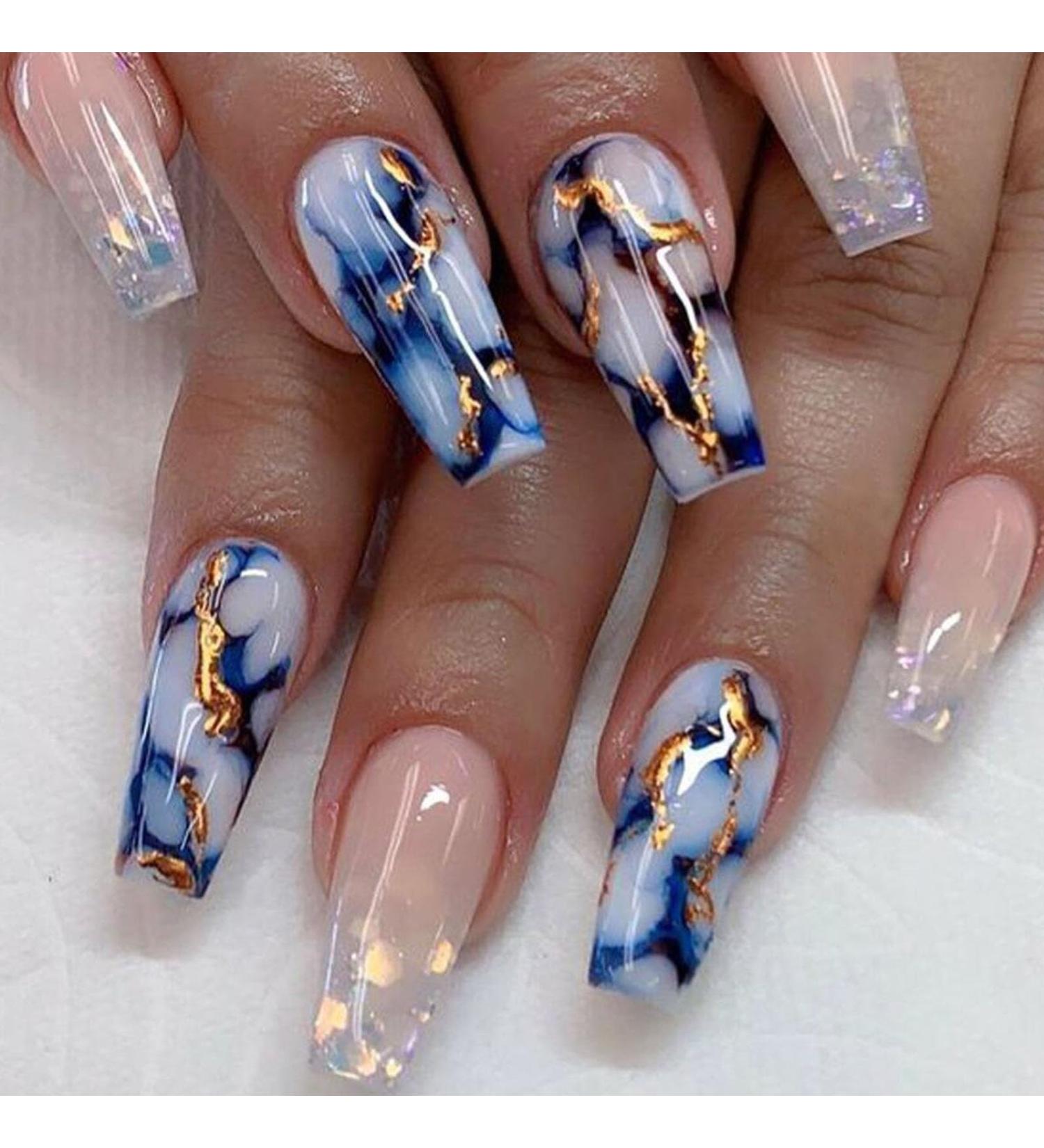Shop Medium Length Coffin Press on Nails | Blue Marble & Sequin Designs | Glossy Acrylic Full Cover Nail Set for Women - 24 Pcs - Buy Online on GoSupps.com
