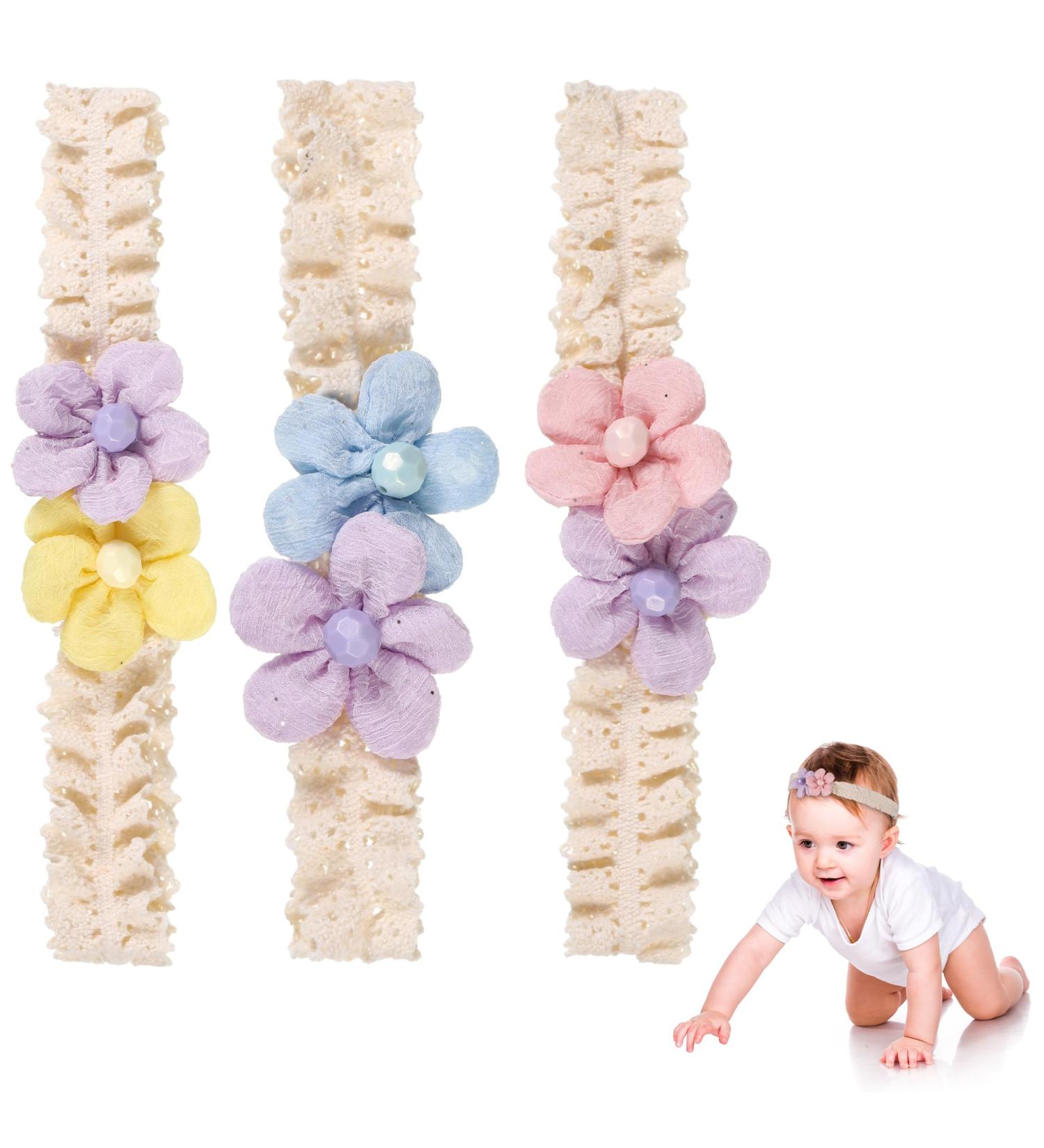 WUISOLQP Baby Girl Headband Set - 3PCs Soft Stretchy Hairbands for Babies, Elastic Lace Floral Hair Accessories for Child Toddler - Perfect for Party, Birthday, Christmas Photography - Buy Online on GoSupps.com