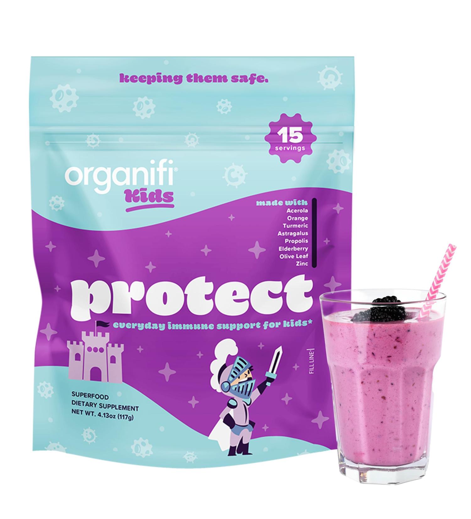 Organifi Kids: Protect - Everyday Immune Support for Kids with Elderberry Acerola Cherry and Zinc - Berry Flavored Immunity Powder - Plant-Based Vegan and No Gluten Dairy or Soy - 15 Servings - Buy Online on GoSupps.com