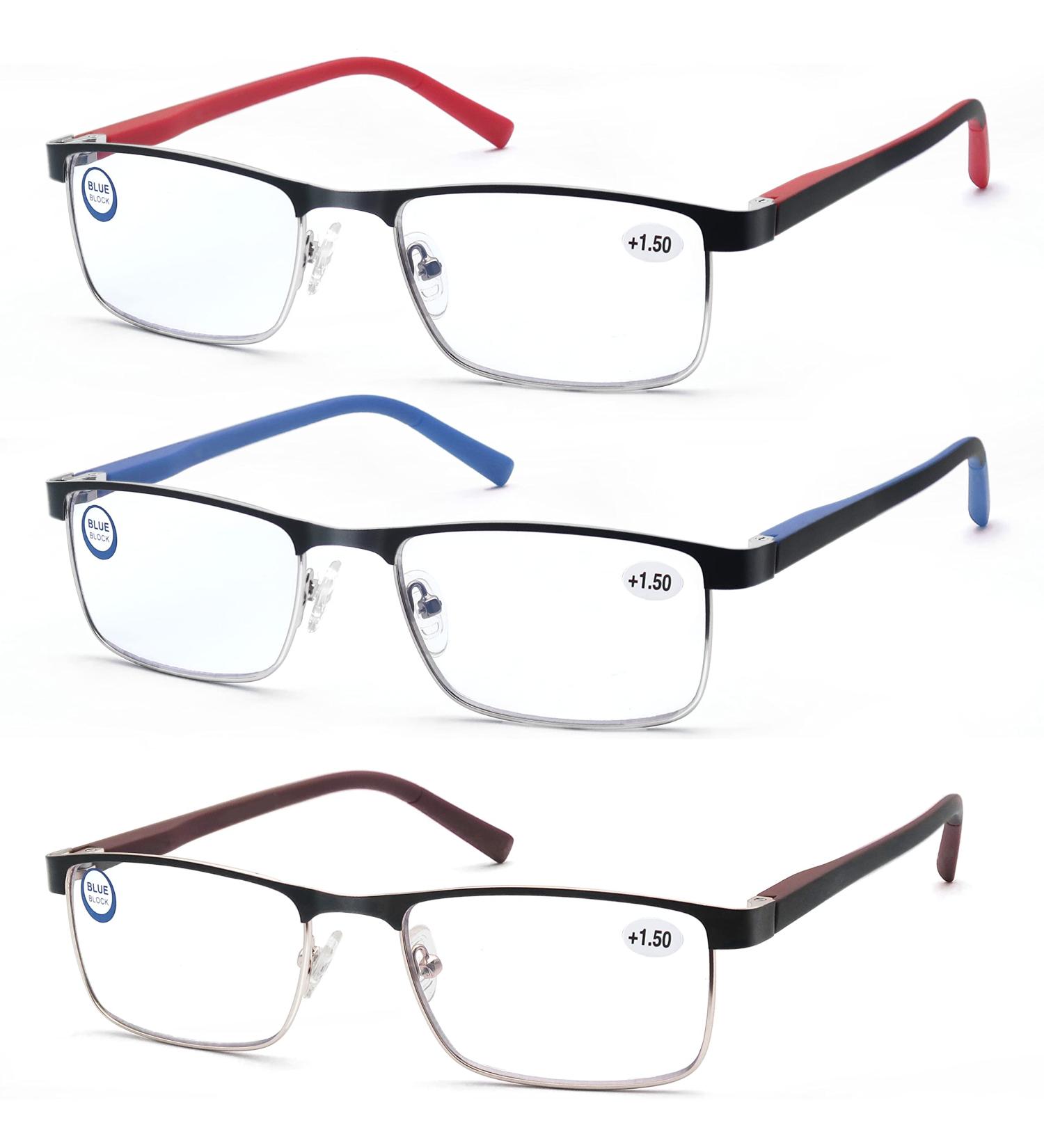 MODFANS 3 Pack Reading Glasses for Men & Women - Blue Light Filter Metal Frame Rectangle Style Stainless Steel +3.00 Magnification - Red Blue Brown - Buy Online on GoSupps.com