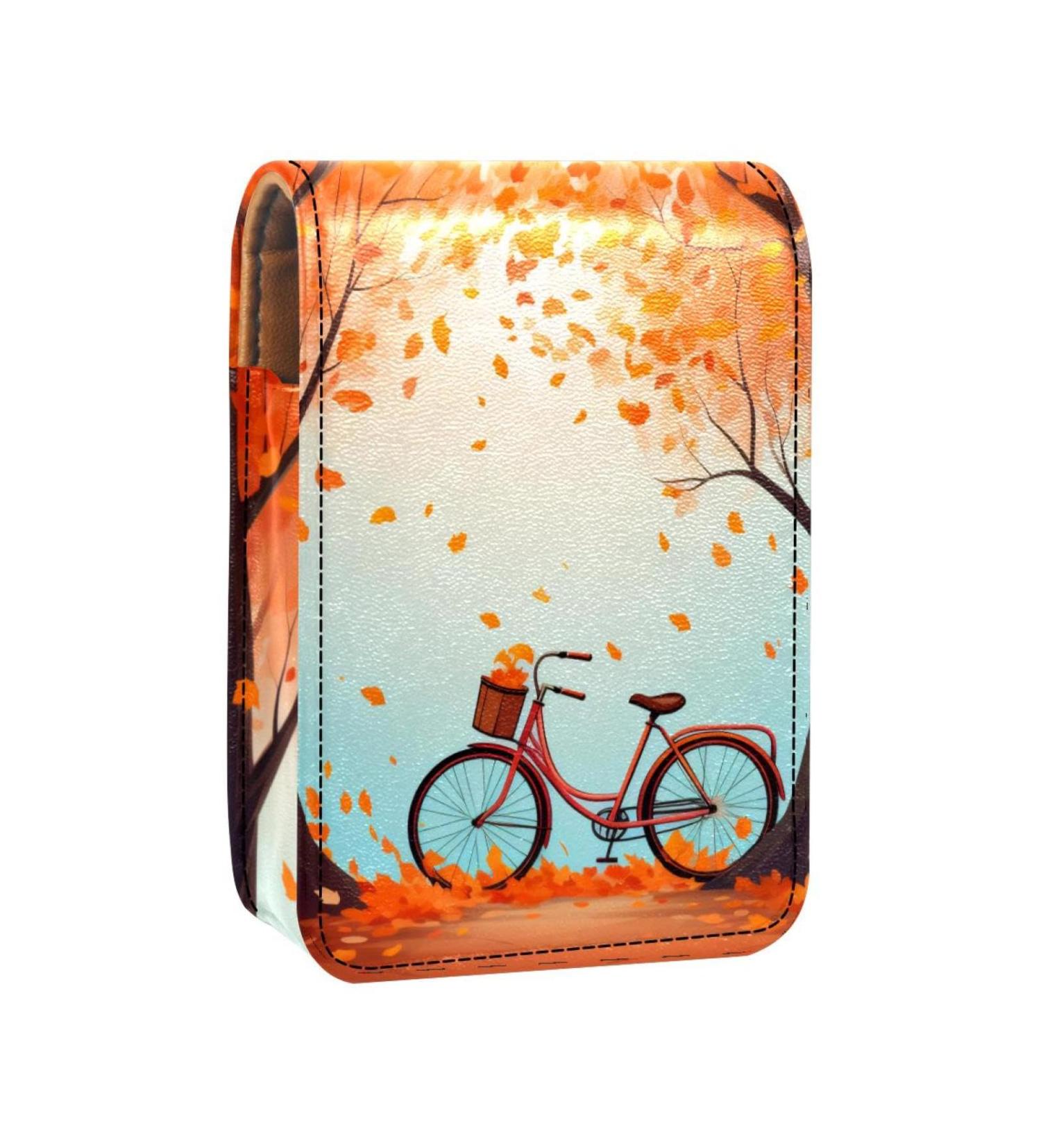 Travel Lipstick Organizer Case - Portable Makeup Bag with Mirror | Autumn Tree Leaf Bike Pattern - Buy Online on GoSupps.com