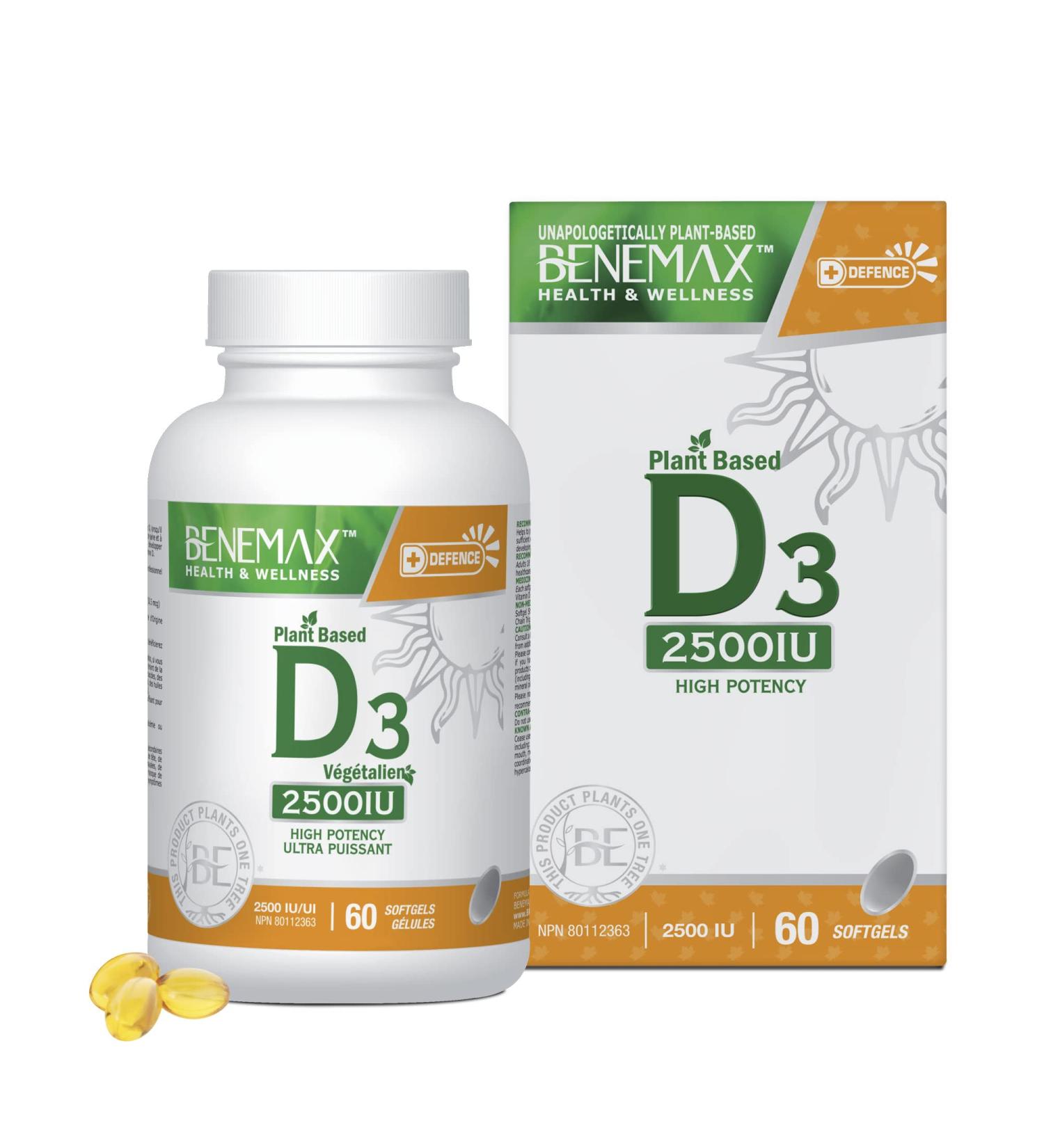 Benemax Vitamin D3 2500 IU For Healthy Bones Teeth and Helps Prevent Vitamin D Deficiency Plant Based & Vegan 60 Day Supply - Buy Online on GoSupps.com