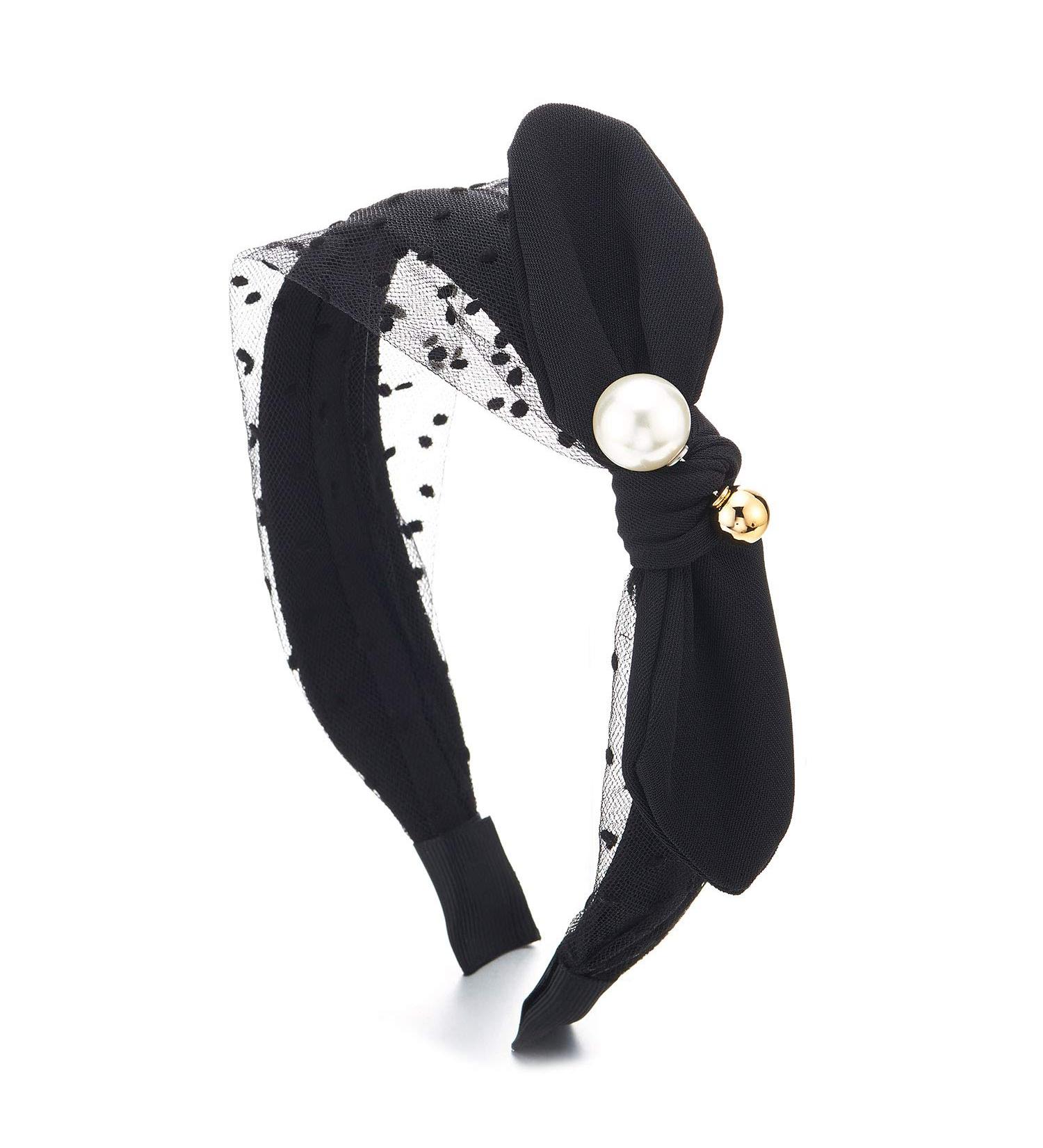 Shop Coolsteelandbeyond Hipster Boho Chic Black Loop Pearl Bead Hair Band - Trendy Dotted Lace Headbands for Women | International Shipping Available - Buy Online on GoSupps.com