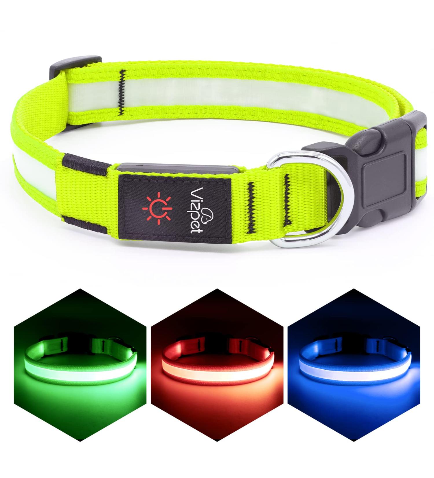VIZPET LED Dog Collar USB Rechargeable | Waterproof & Adjustable Light Up Collar for Dogs - Green Medium 14.96-19.68 inch - Buy Online on GoSupps.com