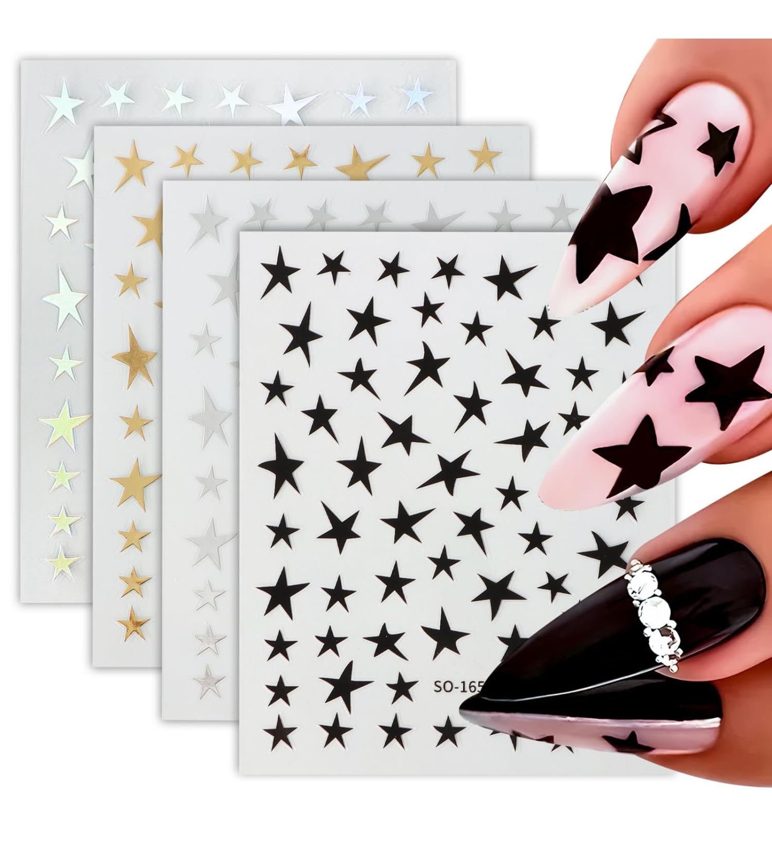 4 Sheets Star Nail Stickers 3D Gold Silver Black Christmas Star Manicure Decals Self Adhesive Nails Decoration - Buy Online on GoSupps.com