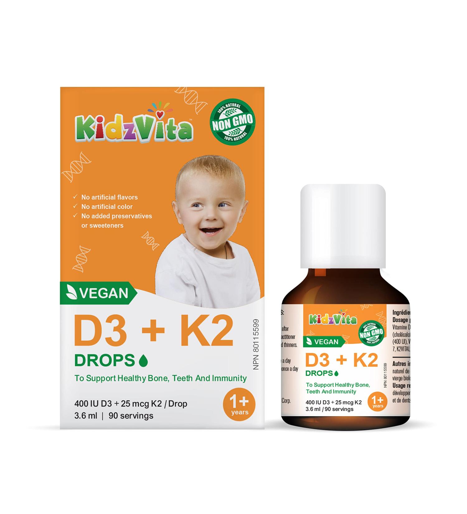KidzVita - Organic Vegan Vitamin D3 & K2 Drops 400 IU - Support Healthy Bone Teeth and Immunity - Children s Multivitamin For 1 to 8 Years Old 3.6 ML 90 Servings - Buy Online on GoSupps.com