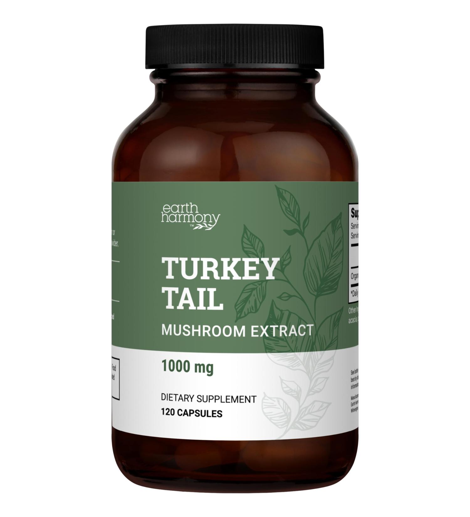 Earth Harmony Organic Turkey Tail Mushroom Capsules (1000mg Pure Extract) - Superfood Mushroom Supplement Helps Support Brain Health - Premium Powder Extract - 120 Capsules (2-Month Supply) - Buy Online on GoSupps.com