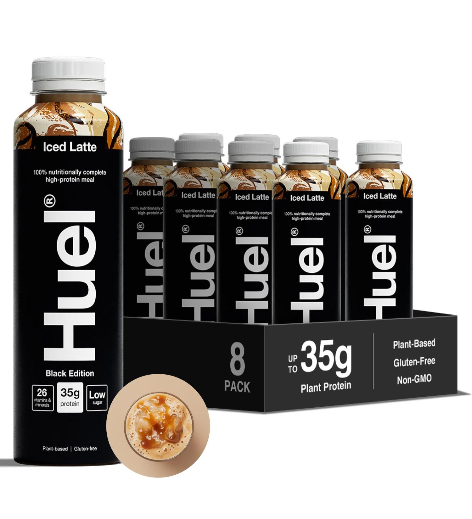 Huel Black Edition 8 x 500 ml bottles protein shakes iced latte high highprotein drink 35 g protein per bottle rich in vitamin D fatty acids calcium readymade meals Iced Latte 8x500ml - Buy Online on GoSupps.com