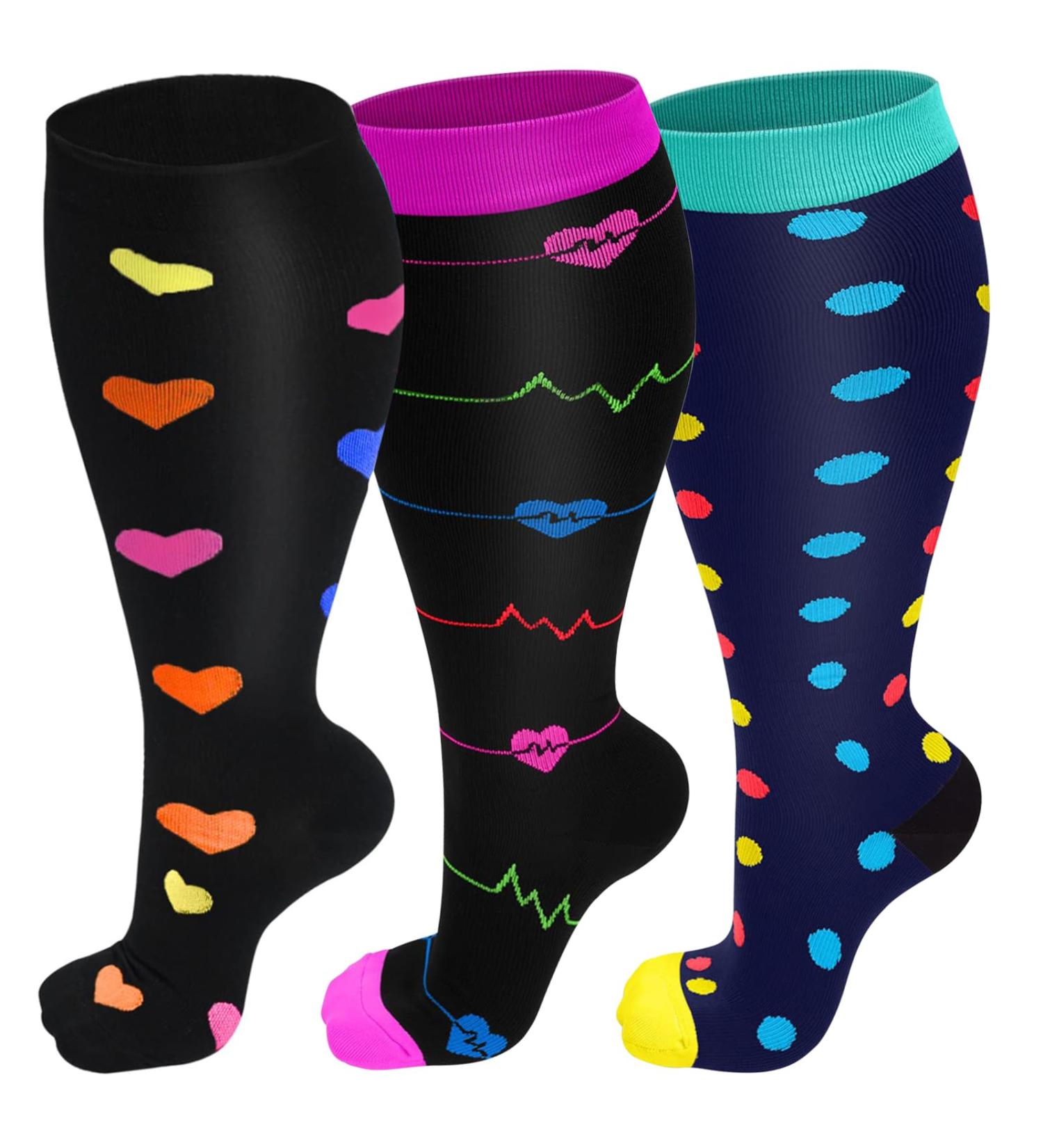3 Pairs Plus Size Compression Socks (20-30 mmHg) for Women & Men Wide Calf Extra Large Knee High Stockings for Nurses Seniors 3XL Mixed-A - Buy Online on GoSupps.com