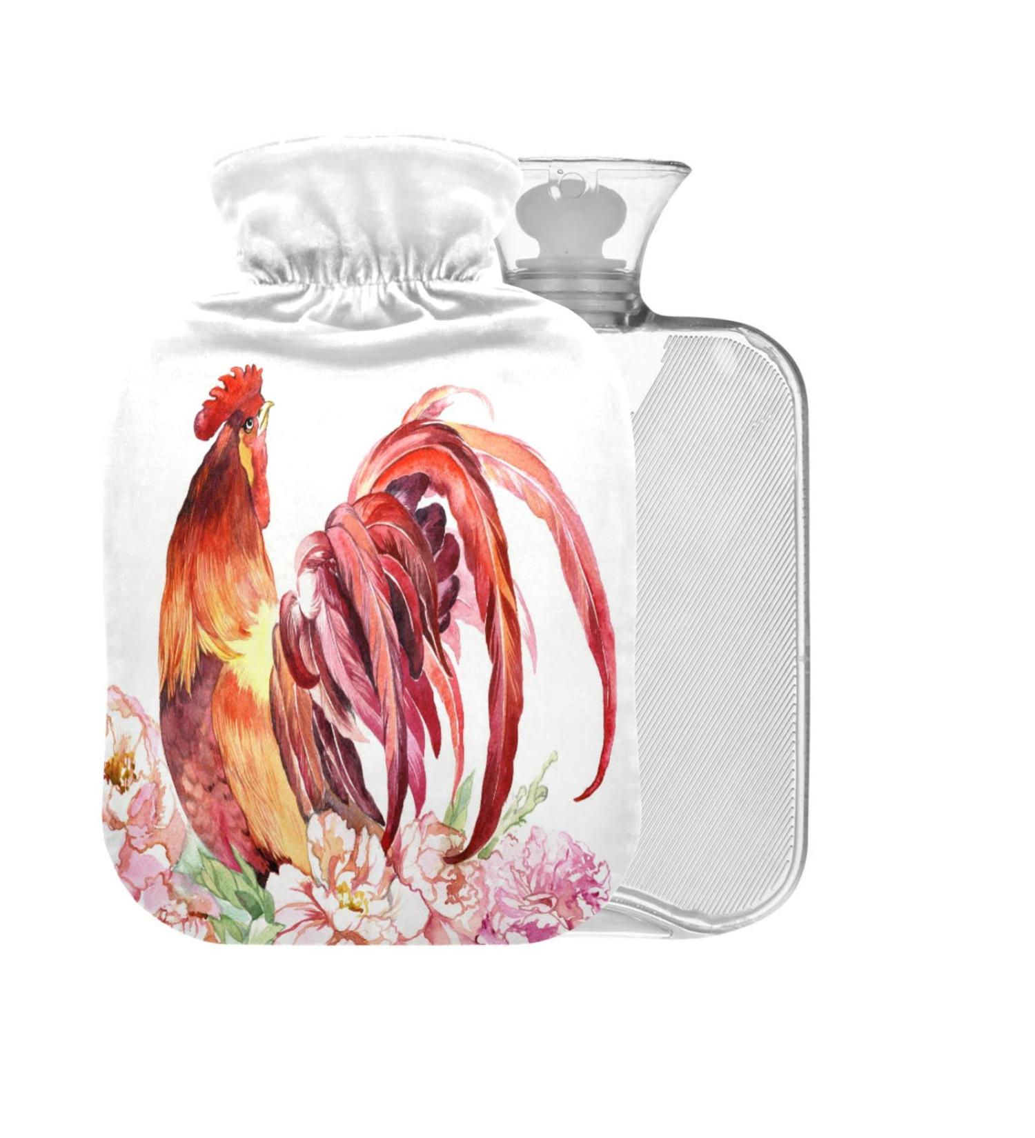 Eco-Friendly Rooster Watercolor Hot Water Bottle - 2L Large Pain Relief Bag with Cover No BPA - Buy Online on GoSupps.com