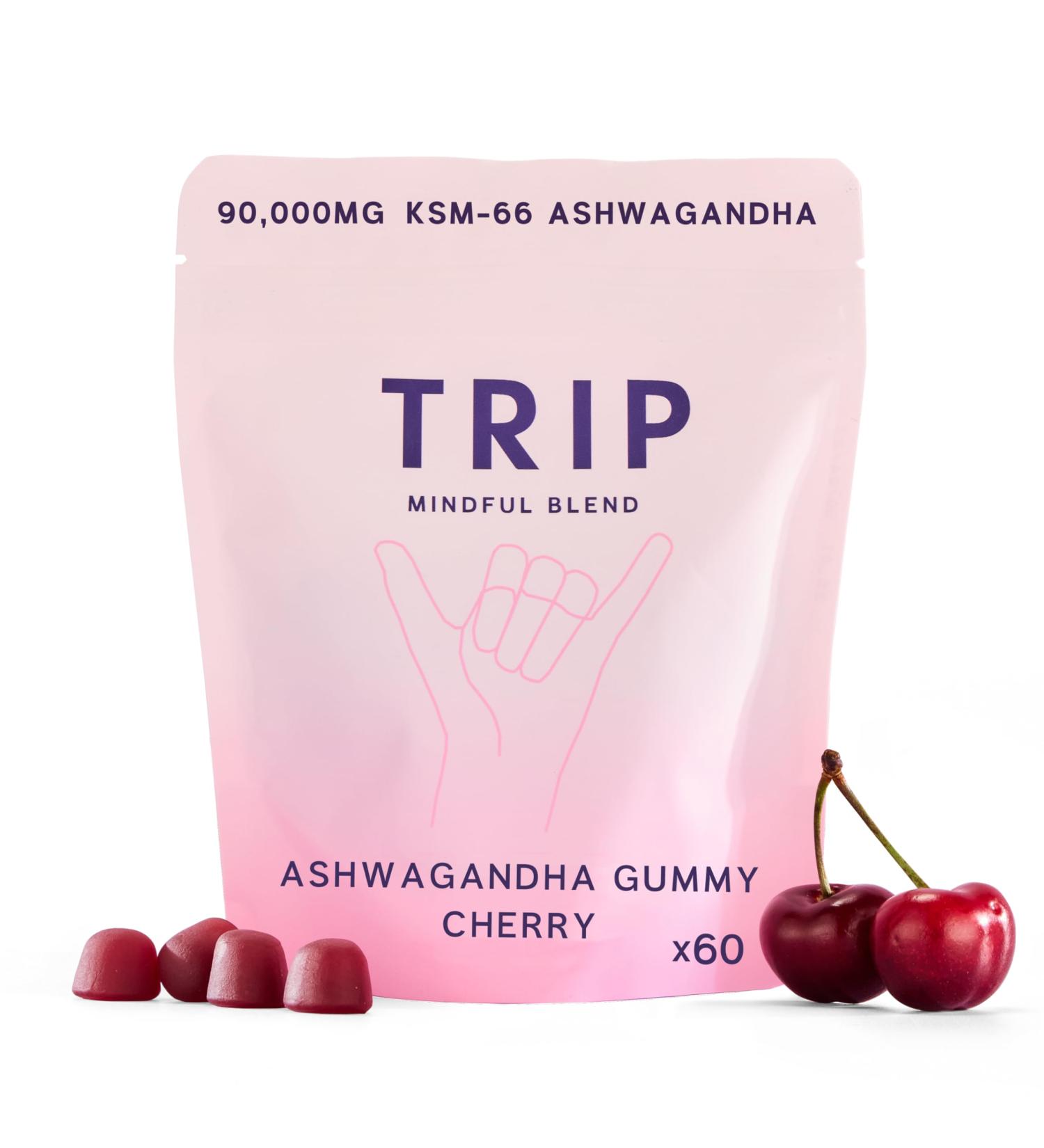 TRIP Ashwagandha Gummies Cherry High Strength 90 000MG KSM-66 Ashwagandha per Pack (60 Gummies) with Vitamin B6 B12 & D2 Vegan & Sugar-Free