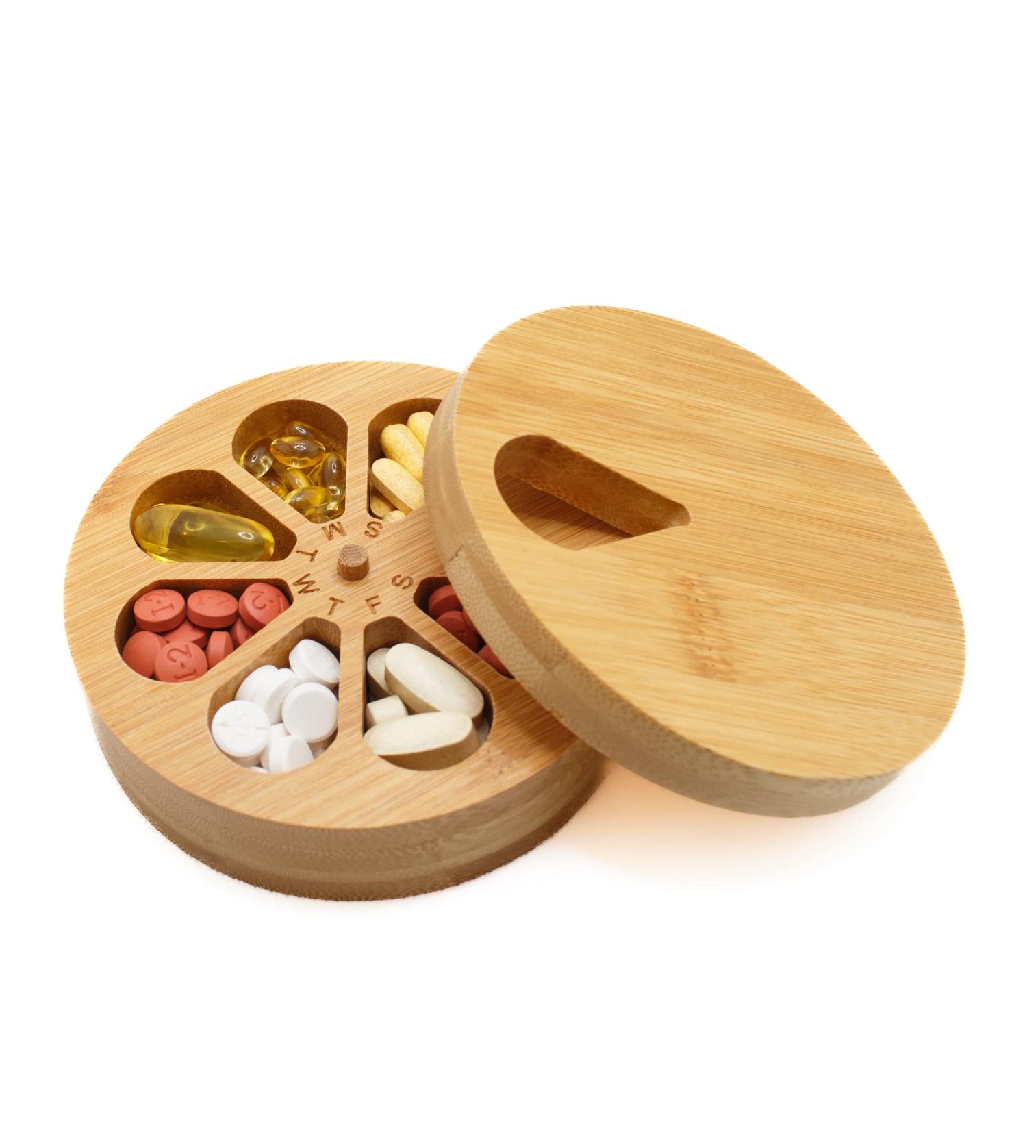 Wooden Pill Organizer - Daily & Weekly Medicine Holder for Travel | Vitamin Case with Solid Wood Lid | Improved Design for Easy Use - Buy Online on GoSupps.com