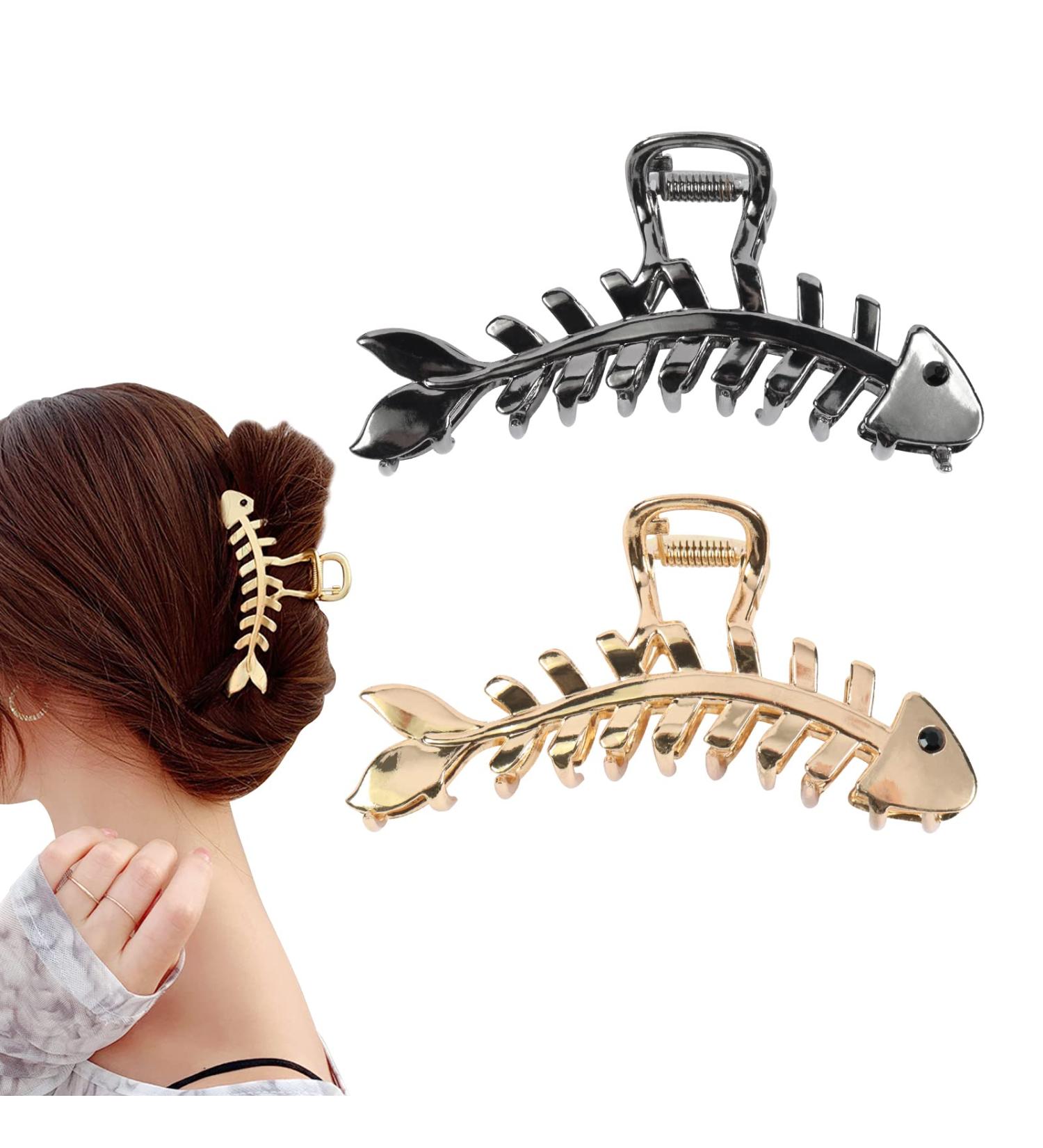 2 Pcs Large Fish Bone Hair Clips - Non-slip Metal Hair Claw Clips in Black and Gold for Thick or Thin Hair - Geometric French Hair Grip Accessories for Women - Buy Online on GoSupps.com