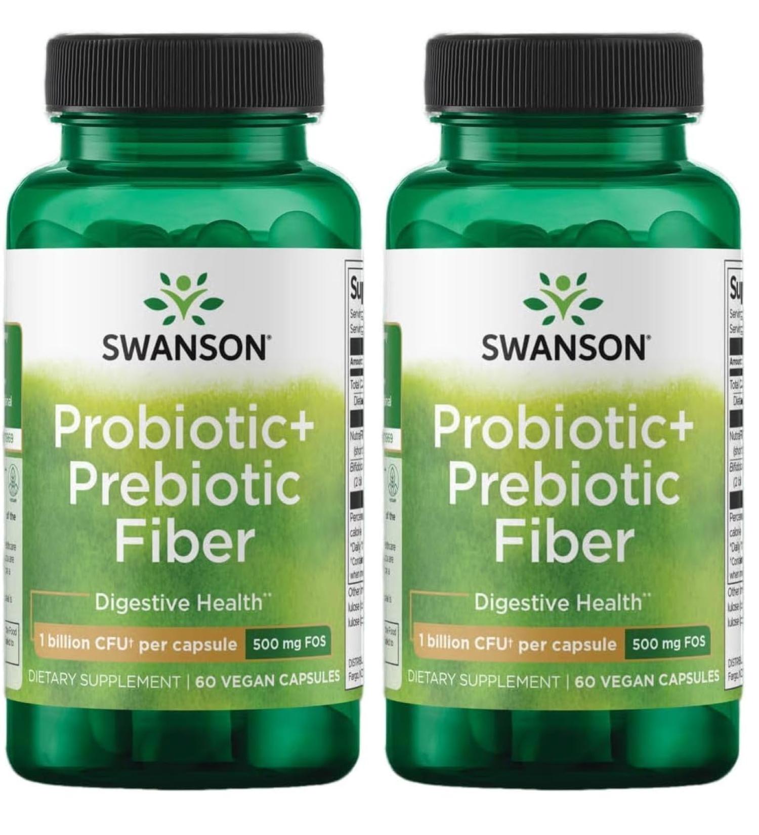 Swanson Prebiotic + Probiotic Fiber - Natural Supplement Promoting Digestive System & Immune Health Support - Aids Regularity & GI Tract Health - (60 Capsules 500 Million CFU Each) (Pack of 2) - Buy Online on GoSupps.com