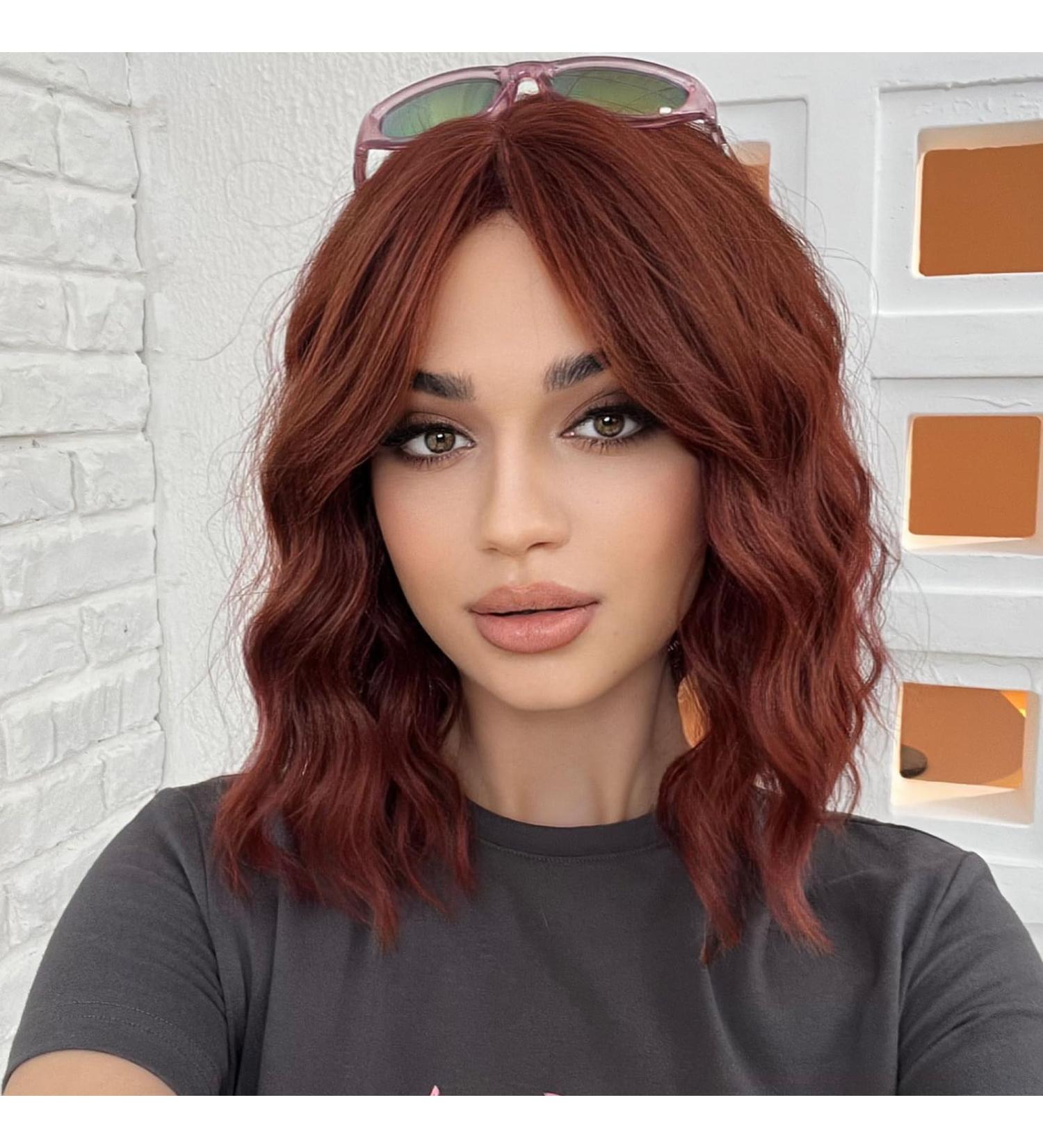 WOKESTAR Bob Curly Wig with Fringe Short Synthetic 12 Wavy Wig for Women in Copper Color - Buy Online on GoSupps.com