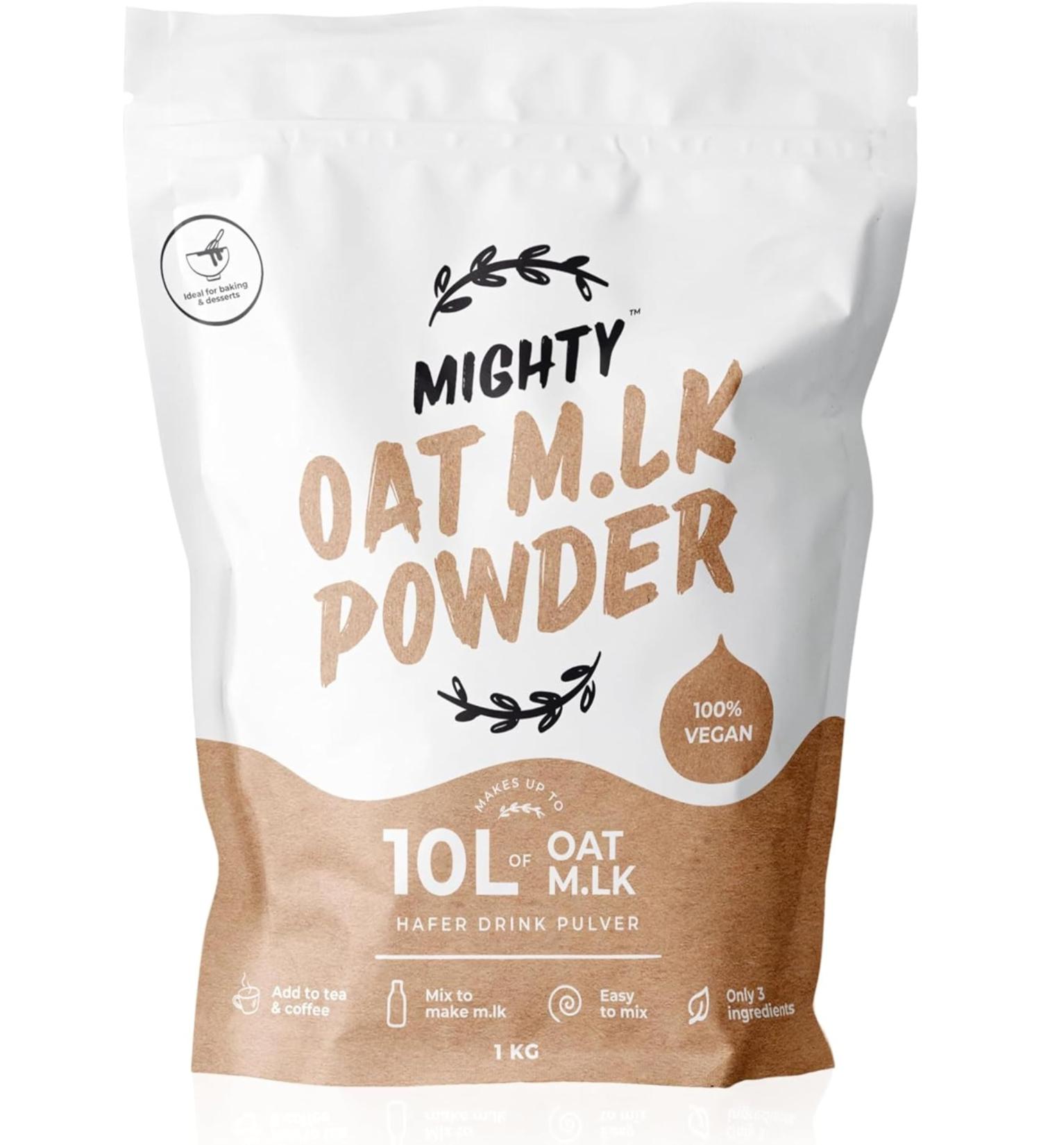 Oat Milk Powder. MIGHTY milk .1KG Bag Makes 10L vegan powdered oat milk alternative has only 3 ingredients