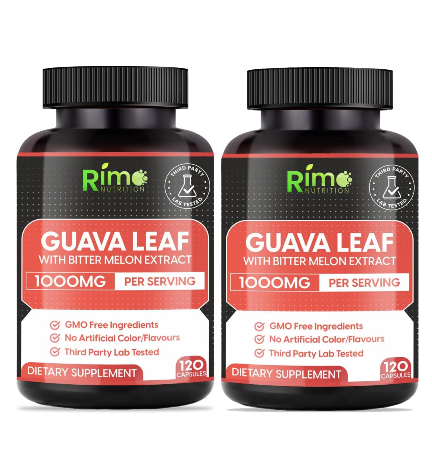 Rimo Nutrition Lab Tested Pack of 2 Rimo Guava Leaf Extract with Bitter Melon 120 Veg Capsules Each 1000 mg Per Serving (240 Capsules)