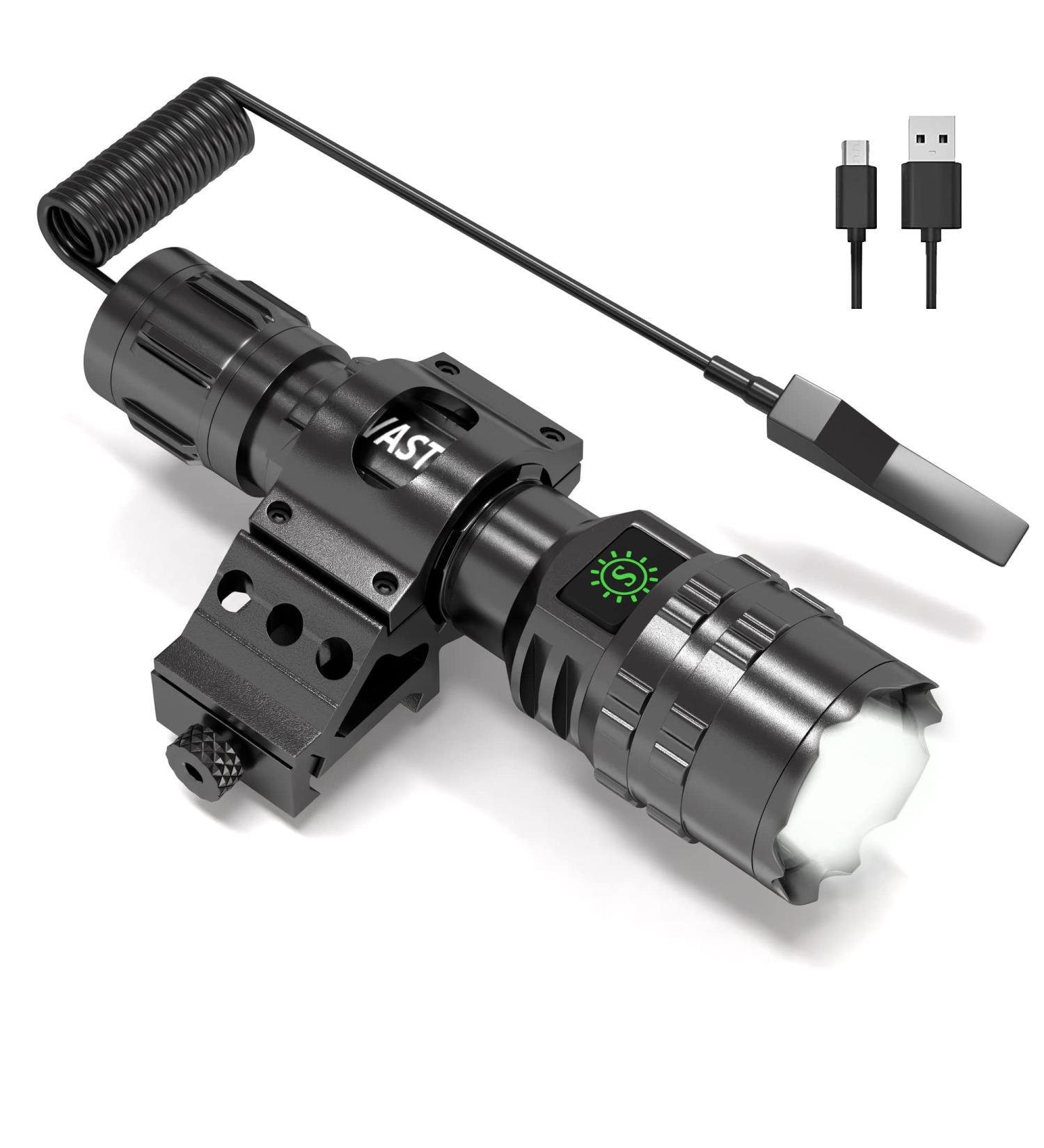 POVAST 1600 Lumens Tactical Flashlight with Picatinny Rail Mount - Remote Pressure Switch, USB Rechargeable - Matte Black - Buy Online on GoSupps.com