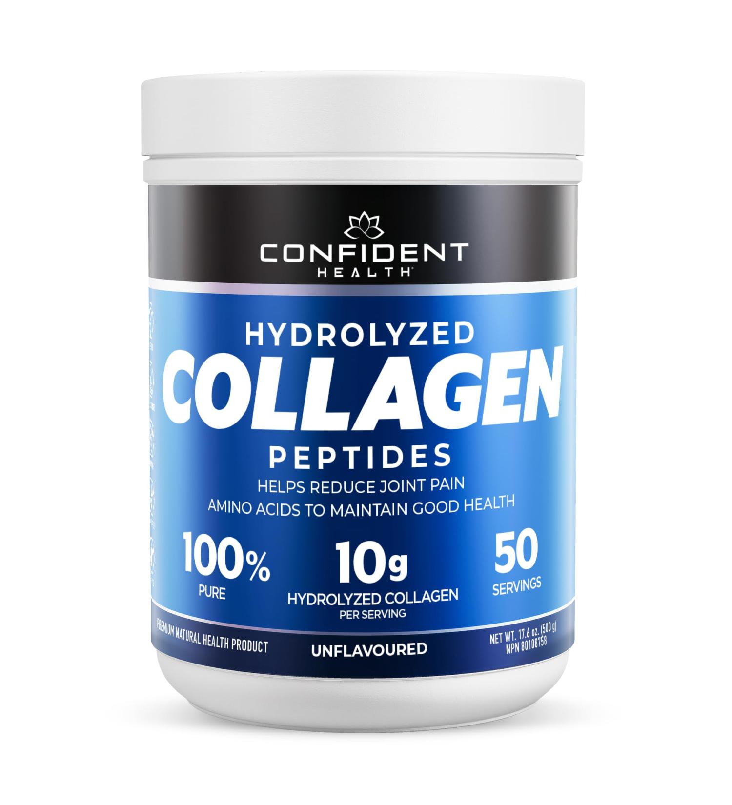 CONFIDENT HEALTH Hydrolyzed COLLAGEN Delicious Powder Drink Mix Gluten-Free - Natural Flavours 10g Collagen per serving Sweetened with Stevia 50 Servings (500 Gram Unflavored) Unflavored 500 g (Pack of 1) - Buy Online on GoSupps.com
