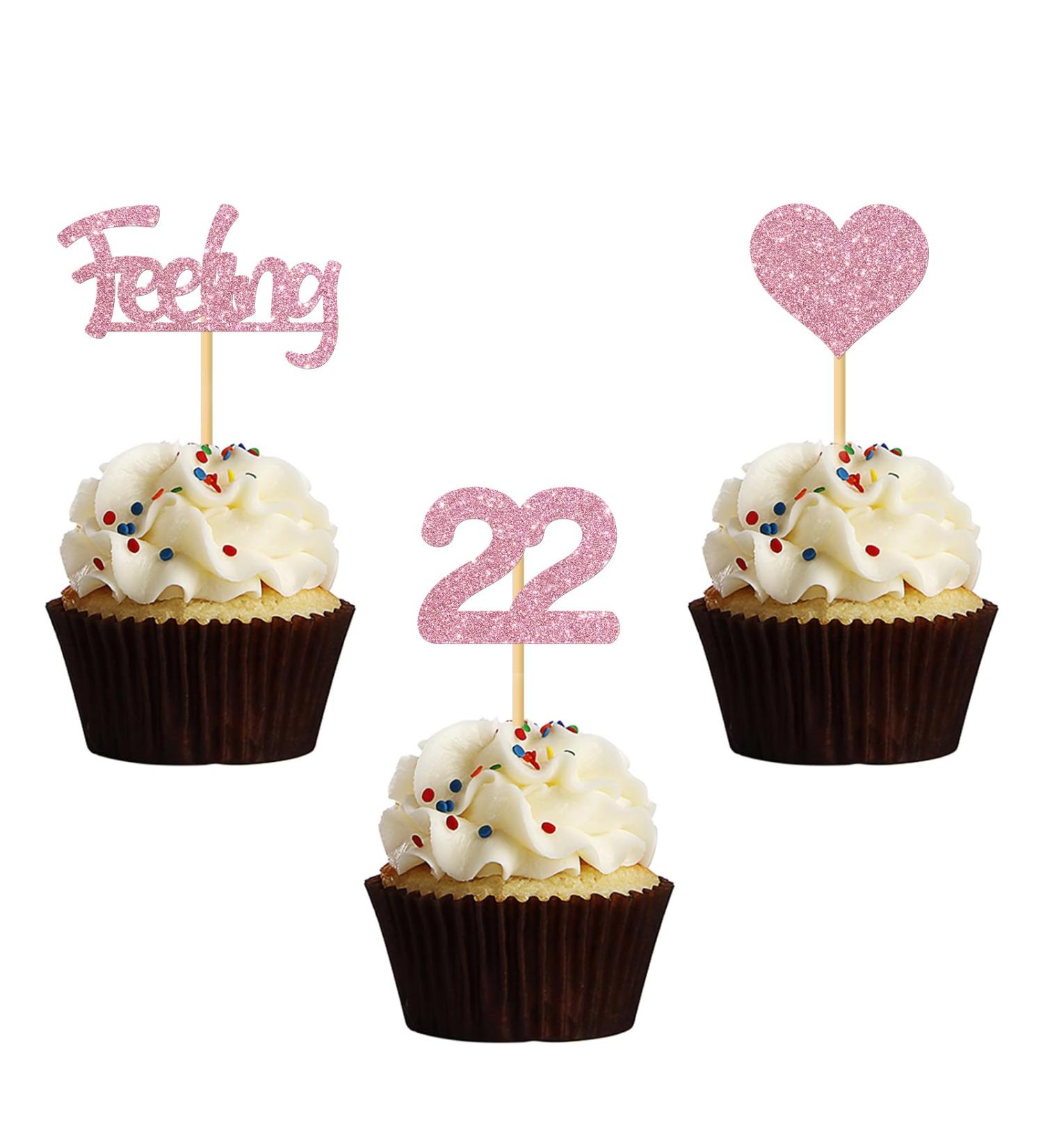 MonMon & Craft Feeling 22 Cupcake Toppers - 22nd Birthday Sign/Twenty-two Cupcake Toppers/Anniversary Dessert Decor/Cheers to 22 Years Party Decorations Pink Glitter - 24 Pcs - Buy Online on GoSupps.com