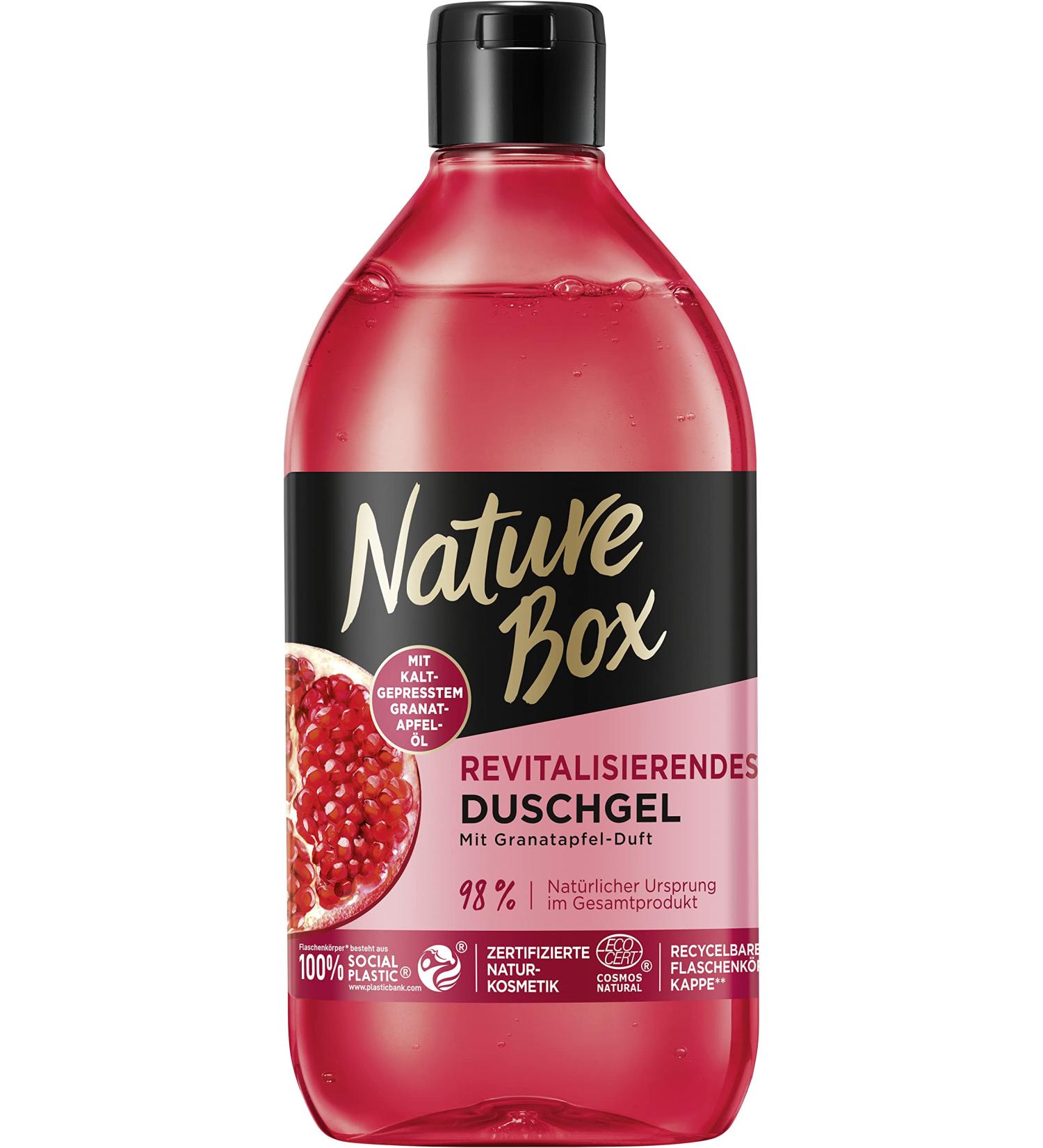 Nature Box Shower Gel (385 ml) Revitalising with Pomegranate Fragrance Vegan and pH Neutral Formula with Cold Pressed Pomegranate Oil Natural Cosmetics Certified - Buy Online on GoSupps.com