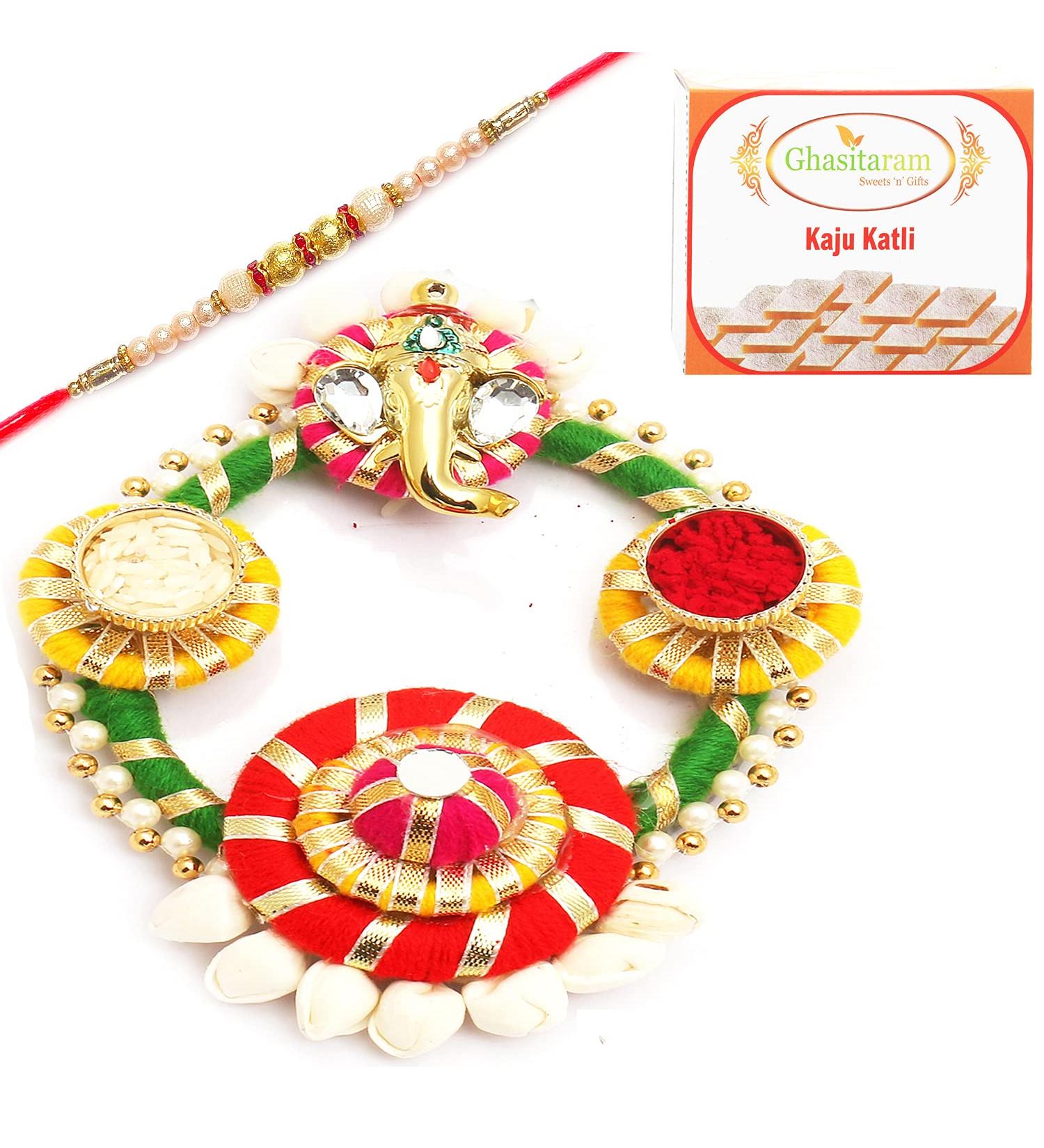 Ghasitaram Gifts Rakhi Gifts for Brothers Colourful Acrylic Pooja Thali with Pearl Rakhi with 200 GMS of Kaju katli - Buy Online on GoSupps.com