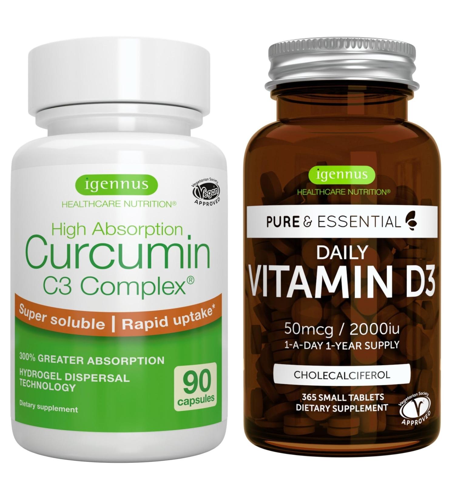 Daily Vitamin D3 + High Absorption Curcumin C3 Complex Vegetarian Bundle 365 2000iu Vitamin D3 Tablets + 300% Greater Absorption Curcuminoids with Rapid Uptake by Igennus - Buy Online on GoSupps.com