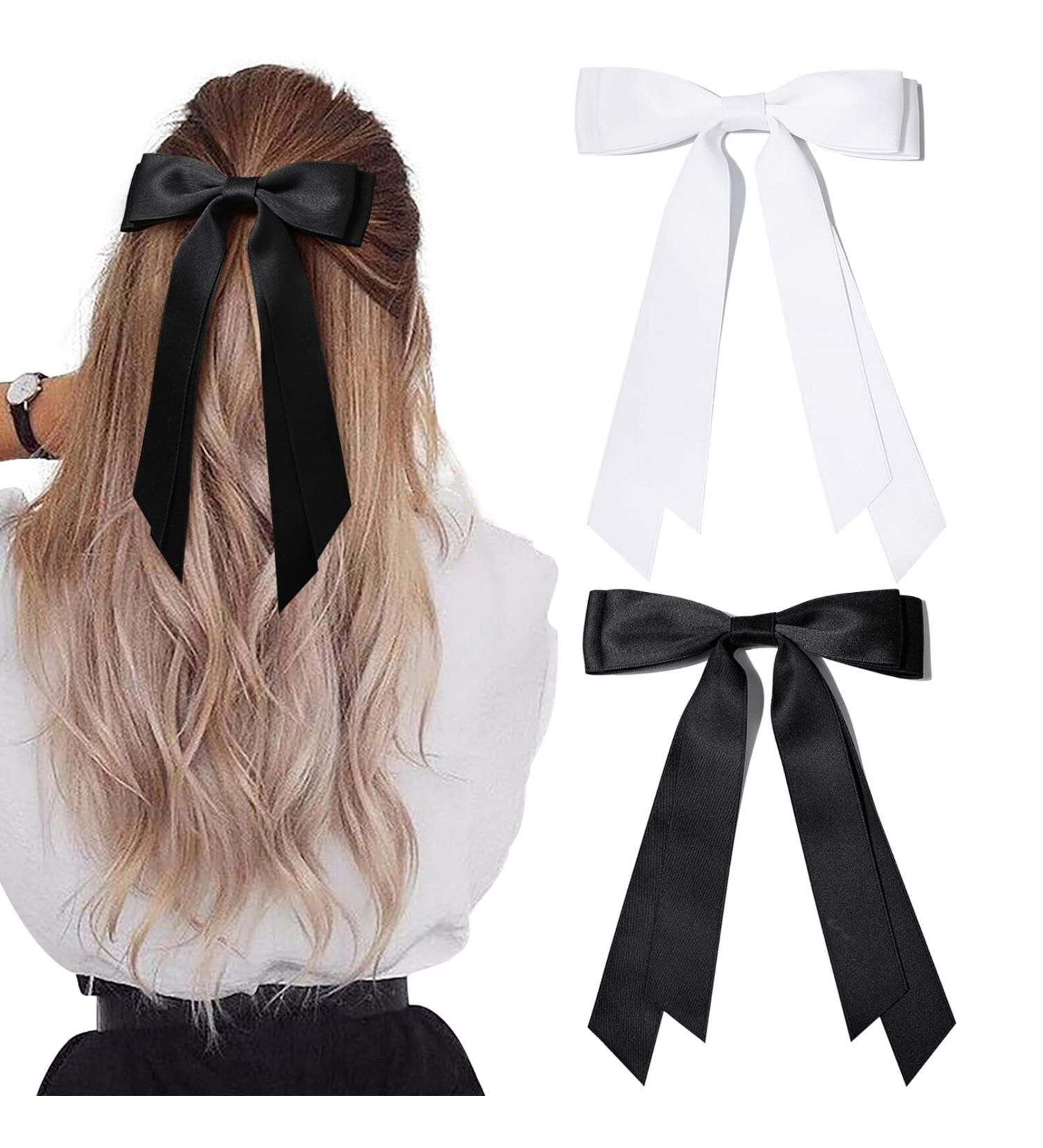 2PCS Silky Satin Hair Bows Hair Clips Black White Ribbon Ponytail Holder Accessories for Women, Girls, Kids - Buy Online on GoSupps.com