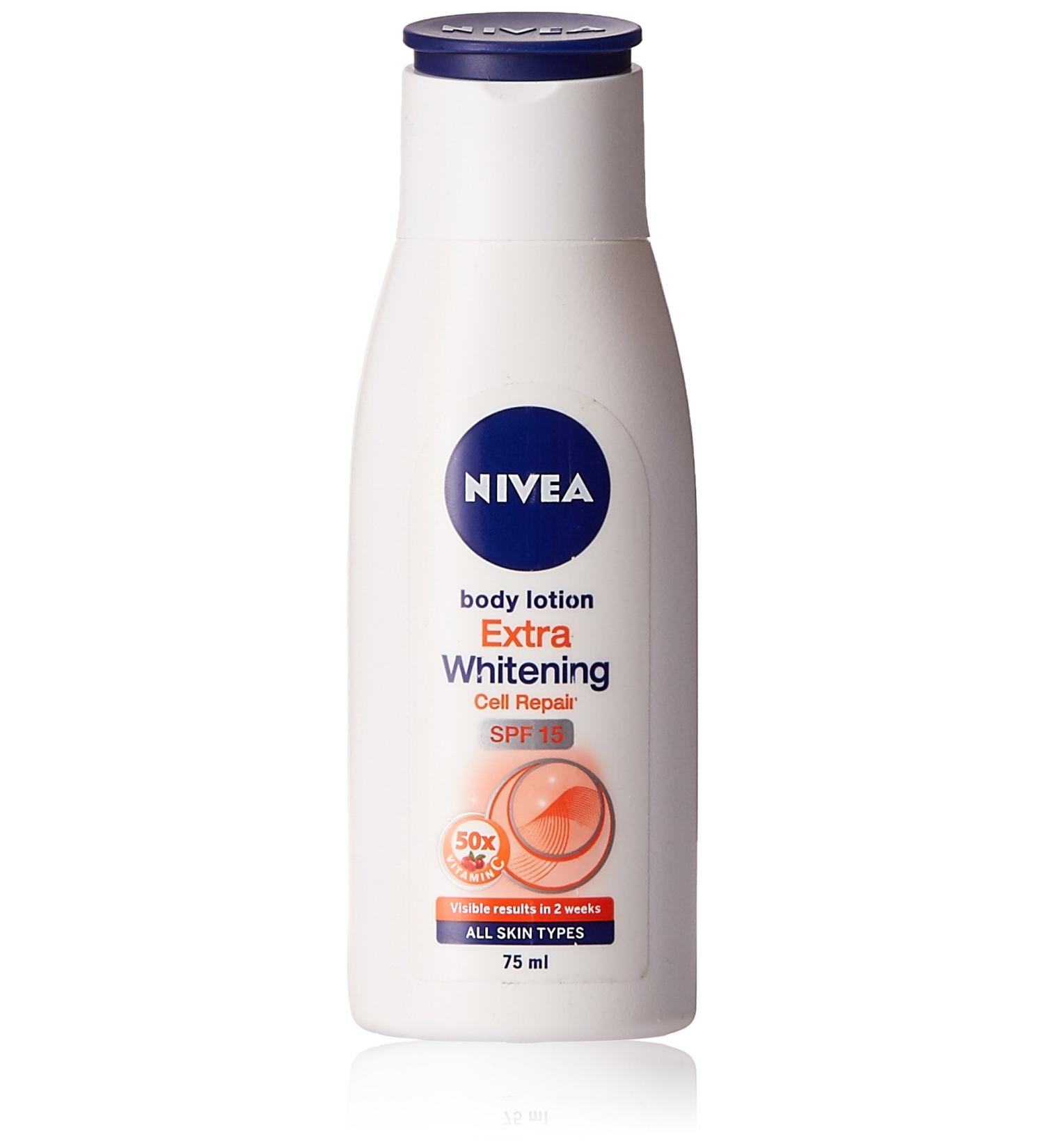 Nivea Extra Whitening Cell Repair Body Lotion SPF 15 - 75ml | Brightening Skincare for All Skin Types - Buy Online on GoSupps.com