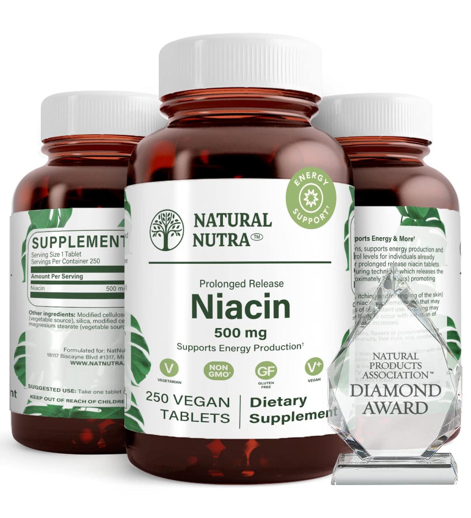 Natural Nutra Time-Release 500mg Niacin Vitamin B3 for Energy & Heart Health - 250 Vegan Tablets - Buy Online on GoSupps.com