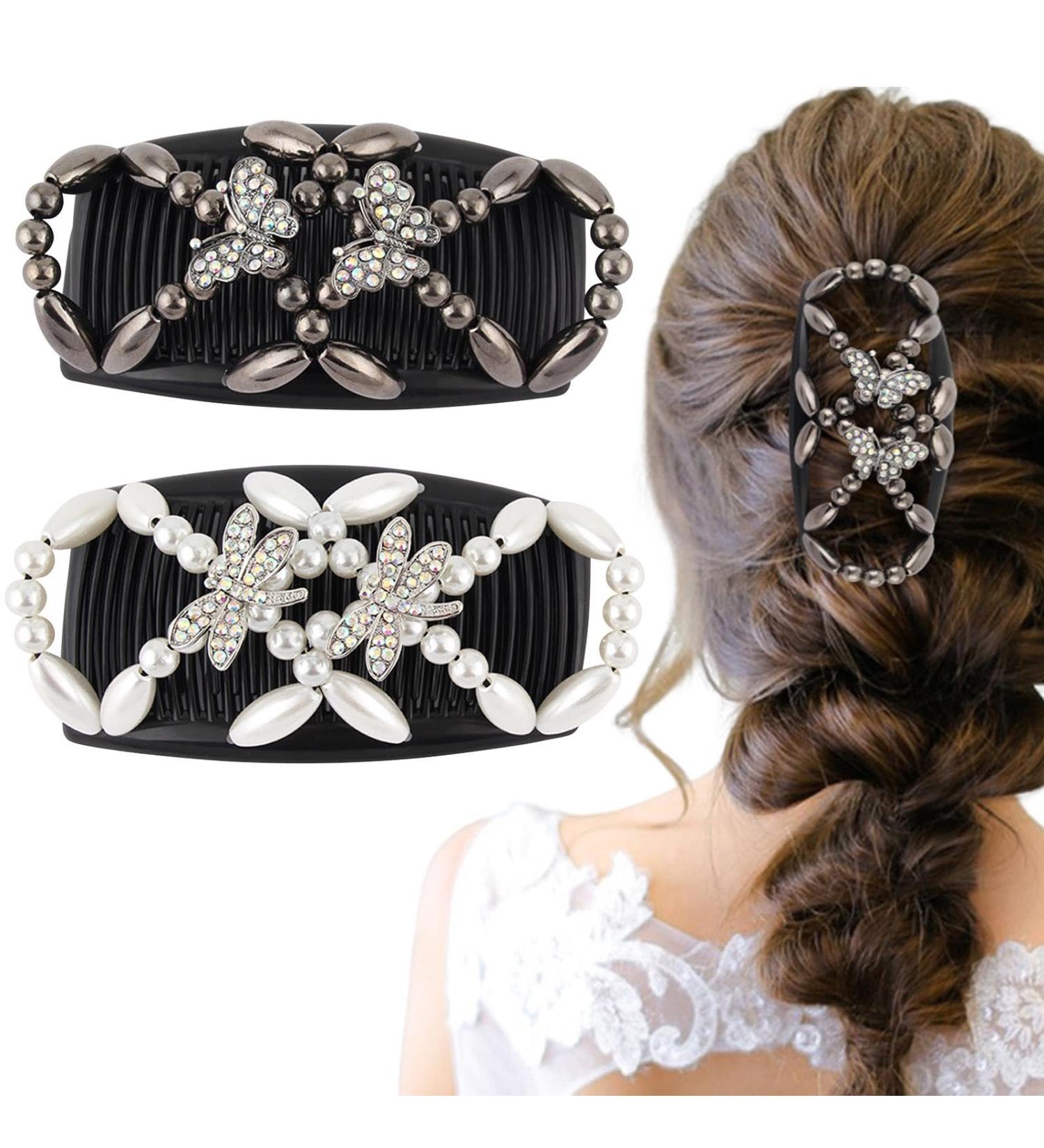2pcs Magic Elastic Beads Hair Comb - Black White Double Clips for Women Girls | DIY Hair Styling Tool - Buy Online on GoSupps.com