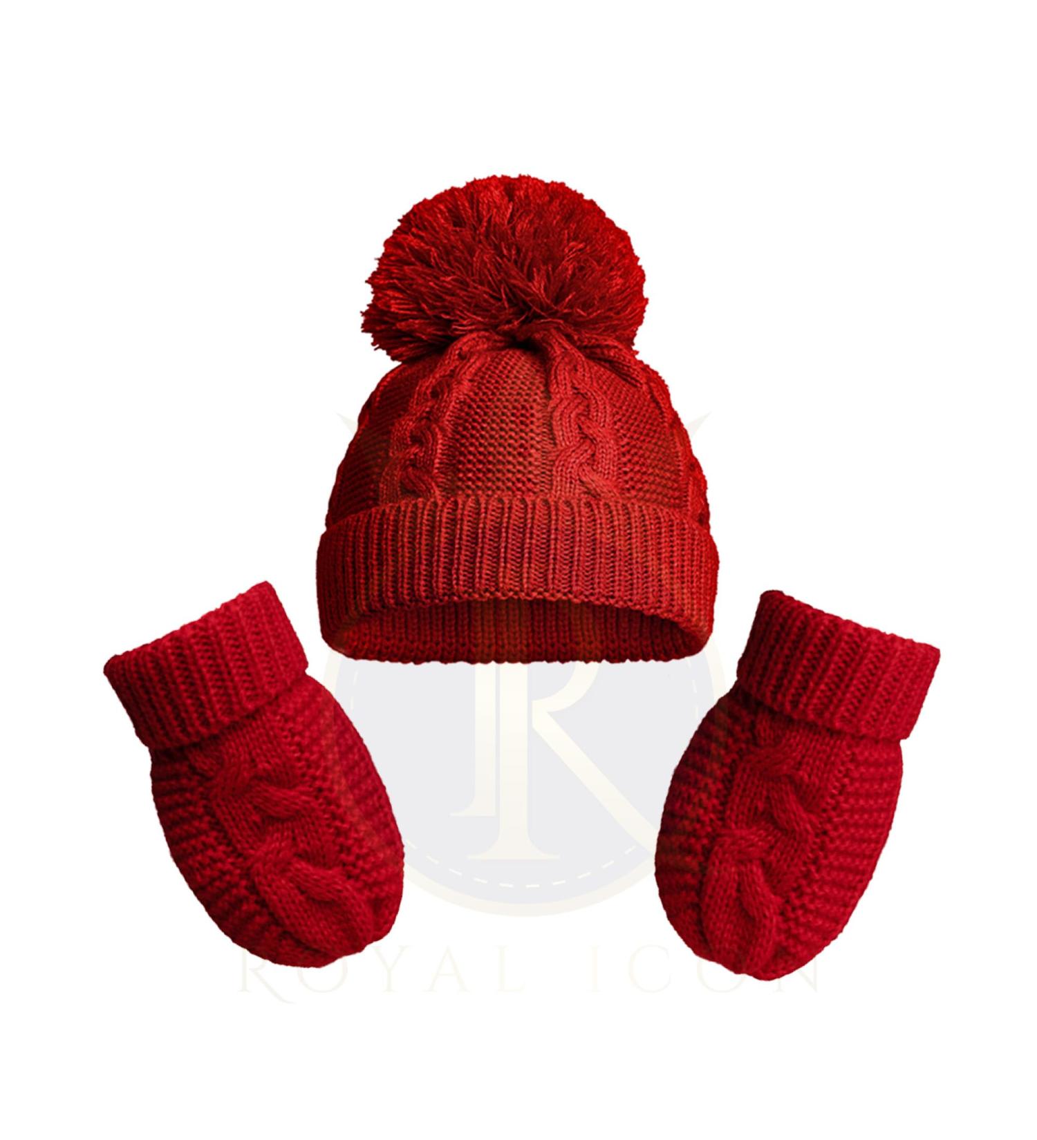 Royal Icon Baby Knitted Pom Pom Hat with Mittens Baby Boys Girls Winter Hat Mittens Set Cable Knit Single Pom Pom Bubble Hat Colours Available NB-12 Months RI6512 0-12 Months Red