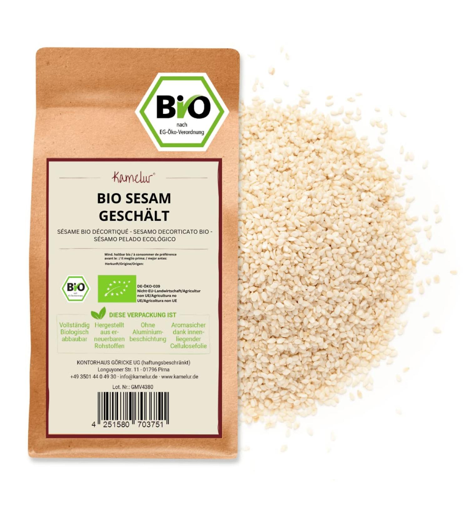Buy Camelur 500g Bio Sesame Seeds - Organic Peeled & Undooted - Additive-Free Sesame Grains in Biodegradable Packaging - International Shipping Available - Buy Online on GoSupps.com