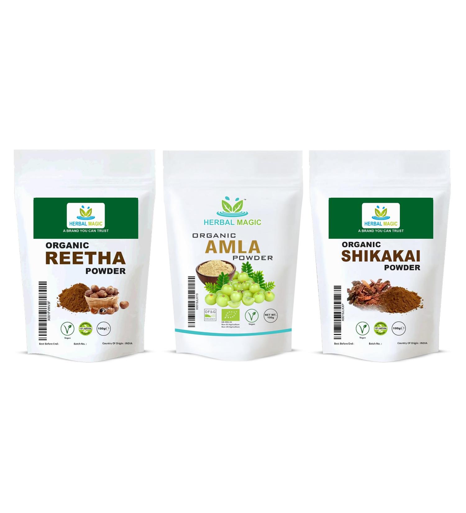 Herbal Magic's 100g - Pure & Natural Amla 100g - Reetha & 100g - Shikakai Powder Natural Hair Conditioner Face Mask - Free from Fillers & Preservatives - Buy Online on GoSupps.com