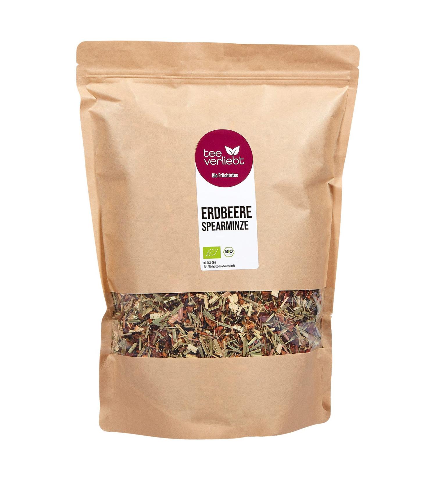 FRUTEG Th aux fruits Organic Fraise Spearminze 1000 g | Th de fruits en vrac | Th de menthe poivr e avec fraise - rafra chissant et fruit en m me temps | Th aux fruits Bio Bio Lots 1 kg - Buy Online on GoSupps.com