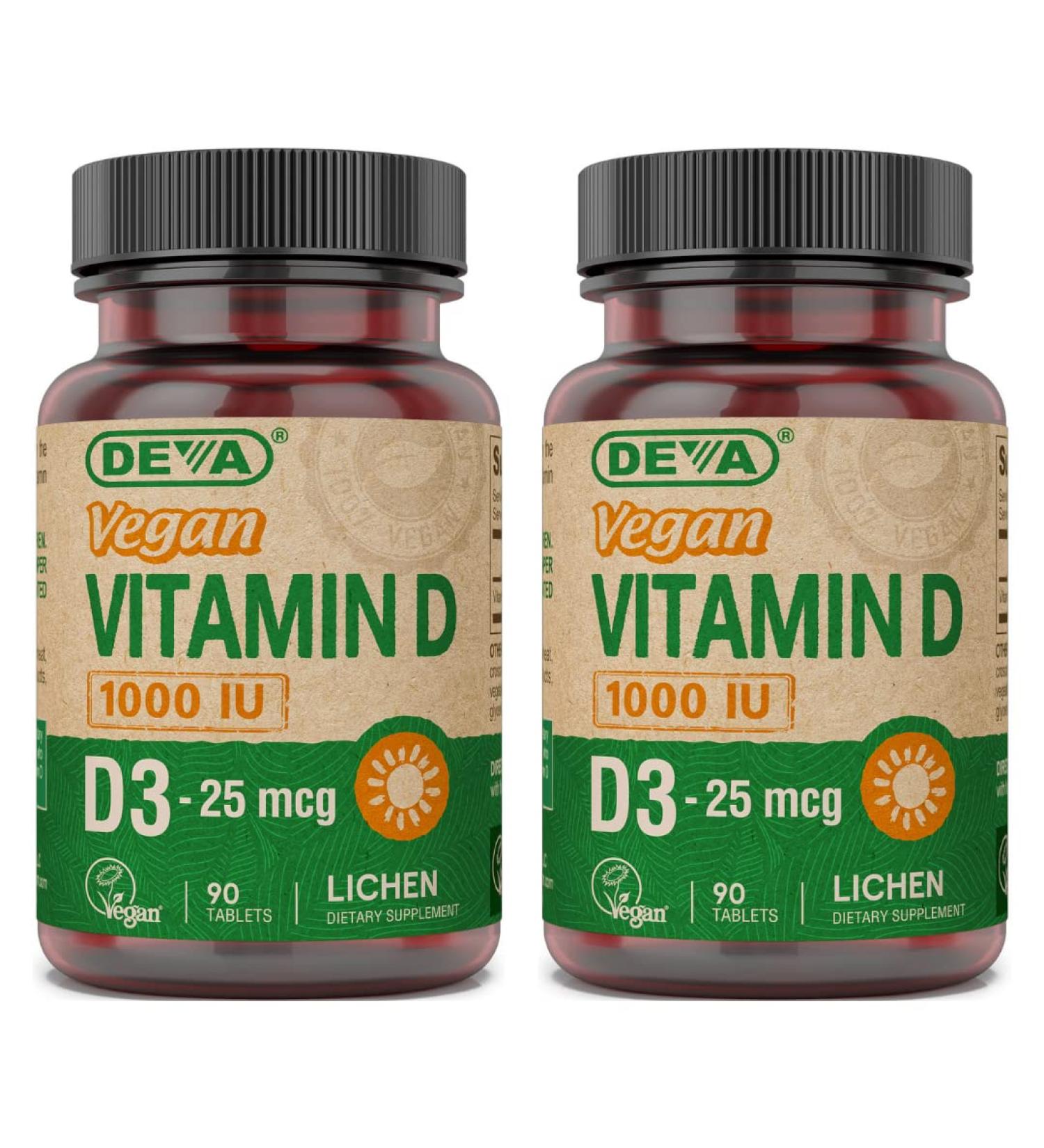 Deva Vegan Vitamin D3 Supplement - 1000 IU - Lichen Plant Derived - 90 Tablets - 2 Pack - Buy Online on GoSupps.com
