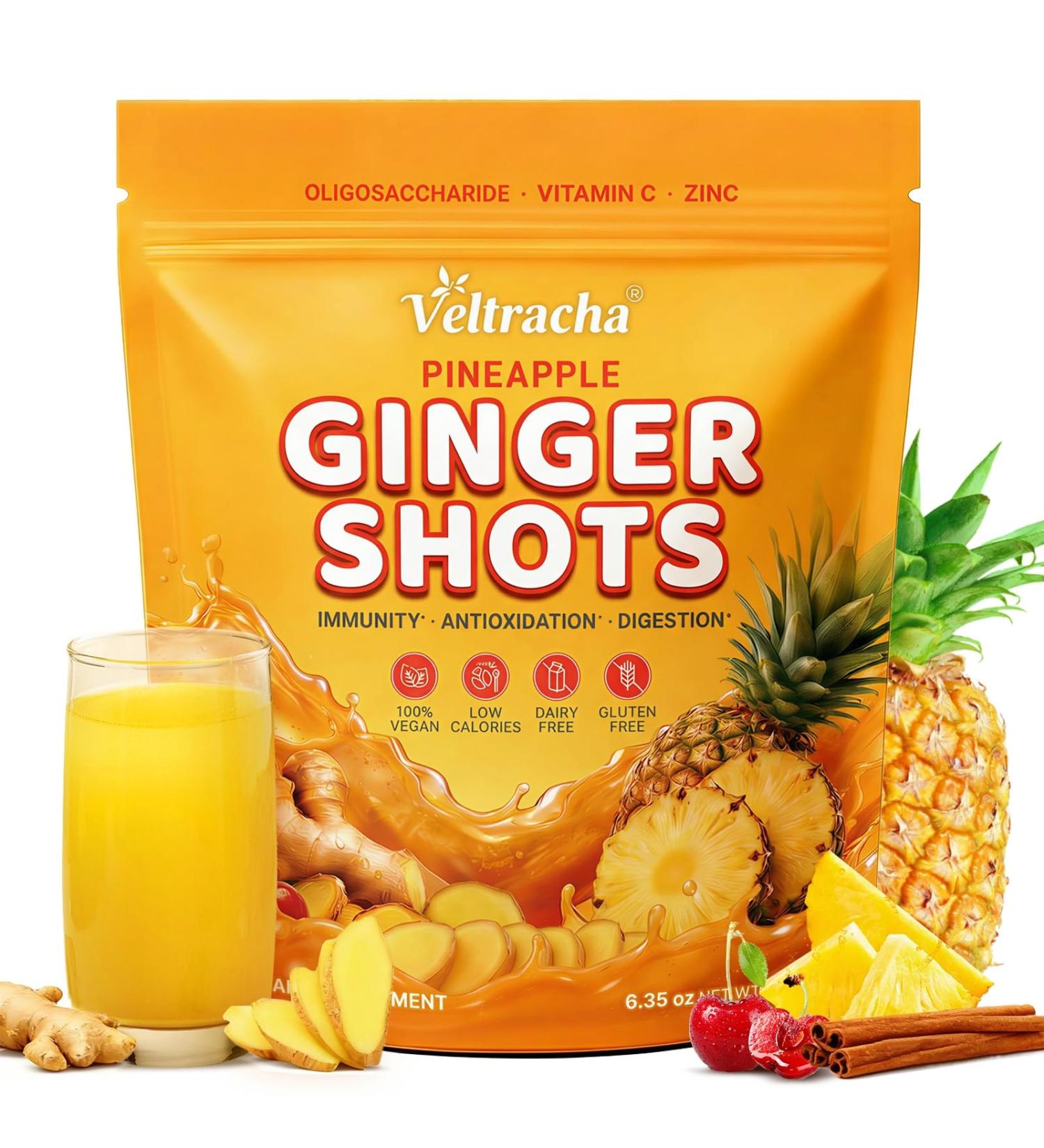 Veltracha Juicing Ginger Shots Pineapple Ginger Turmeric Drink with Vitamin C Zinc & lron Superfood Juice Powder for Immunity & Digestion Support 30 Servings - Buy Online on GoSupps.com