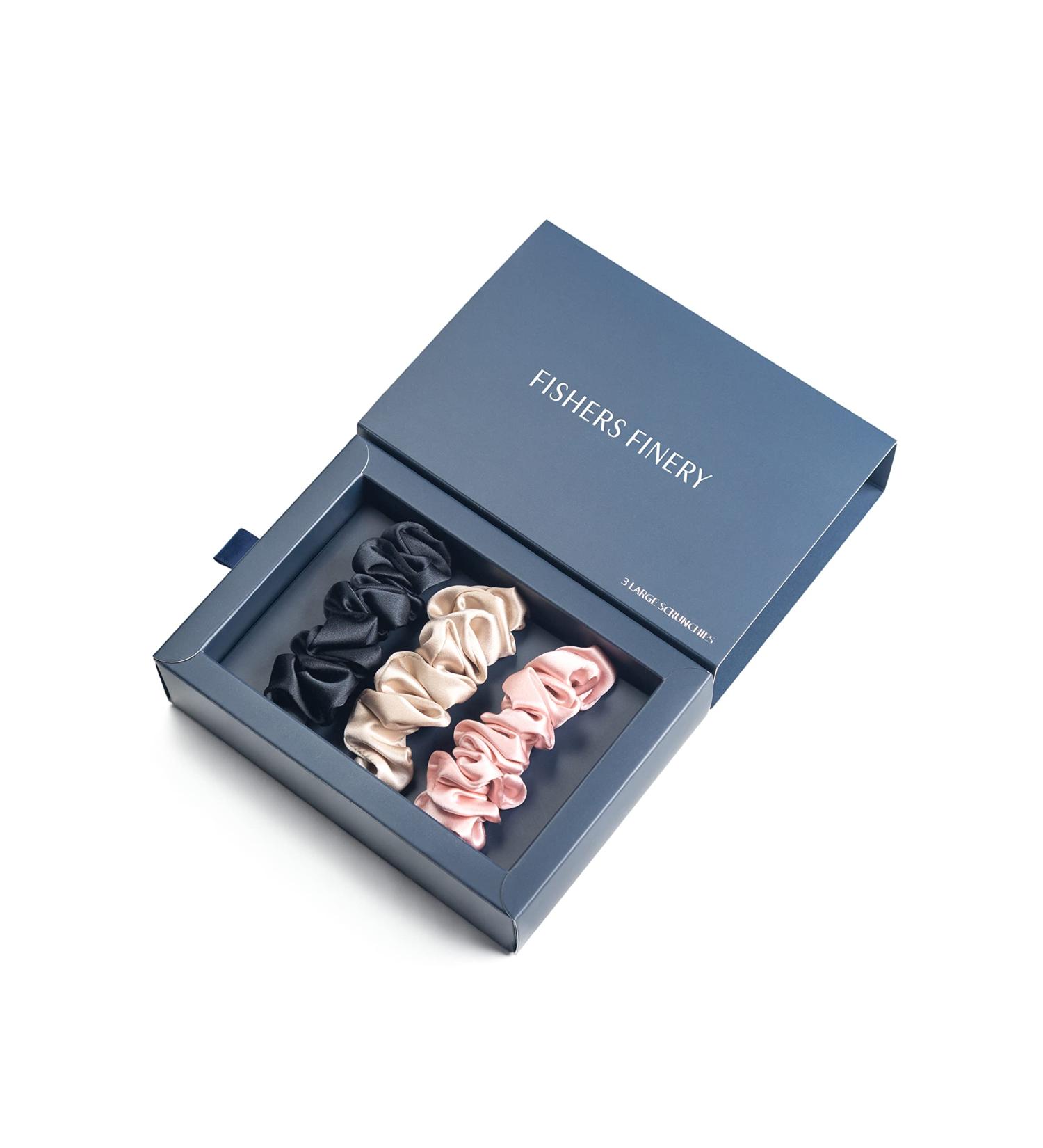 Fishers Finery 25 Momme Silk Large Scrunchies 3 Pack (Black/Pink/Champagne) - 100% Pure Mulberry Silk Hair Ties - Buy Online on GoSupps.com