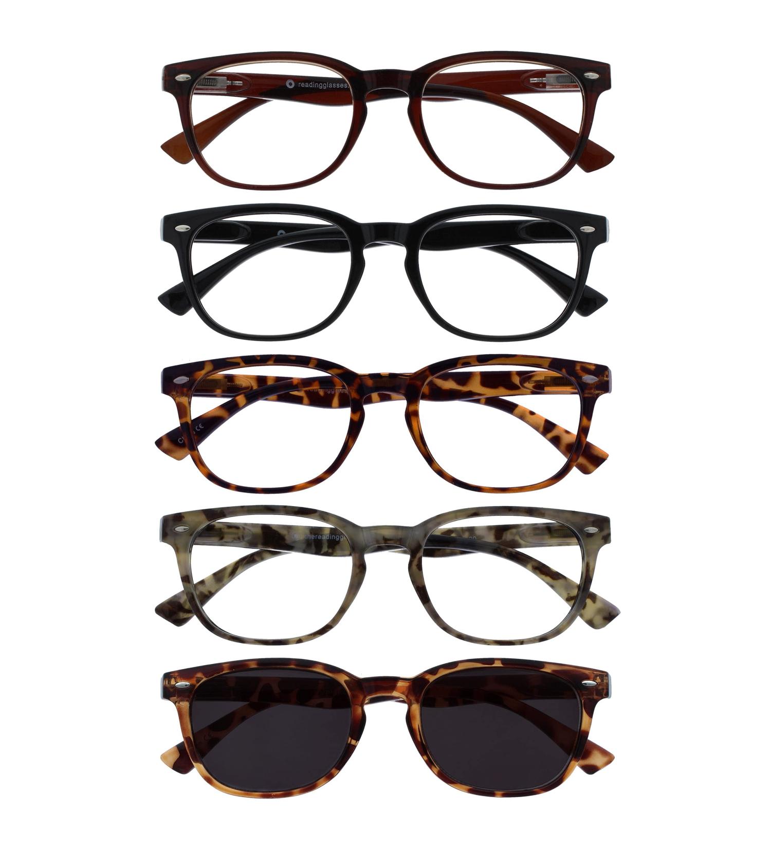 5-Pack Brown Black Gray Sun Reader Reading Glasses for Men & Women - RRRRS14-212T72.50 +2.50 Diopters - Buy Online on GoSupps.com