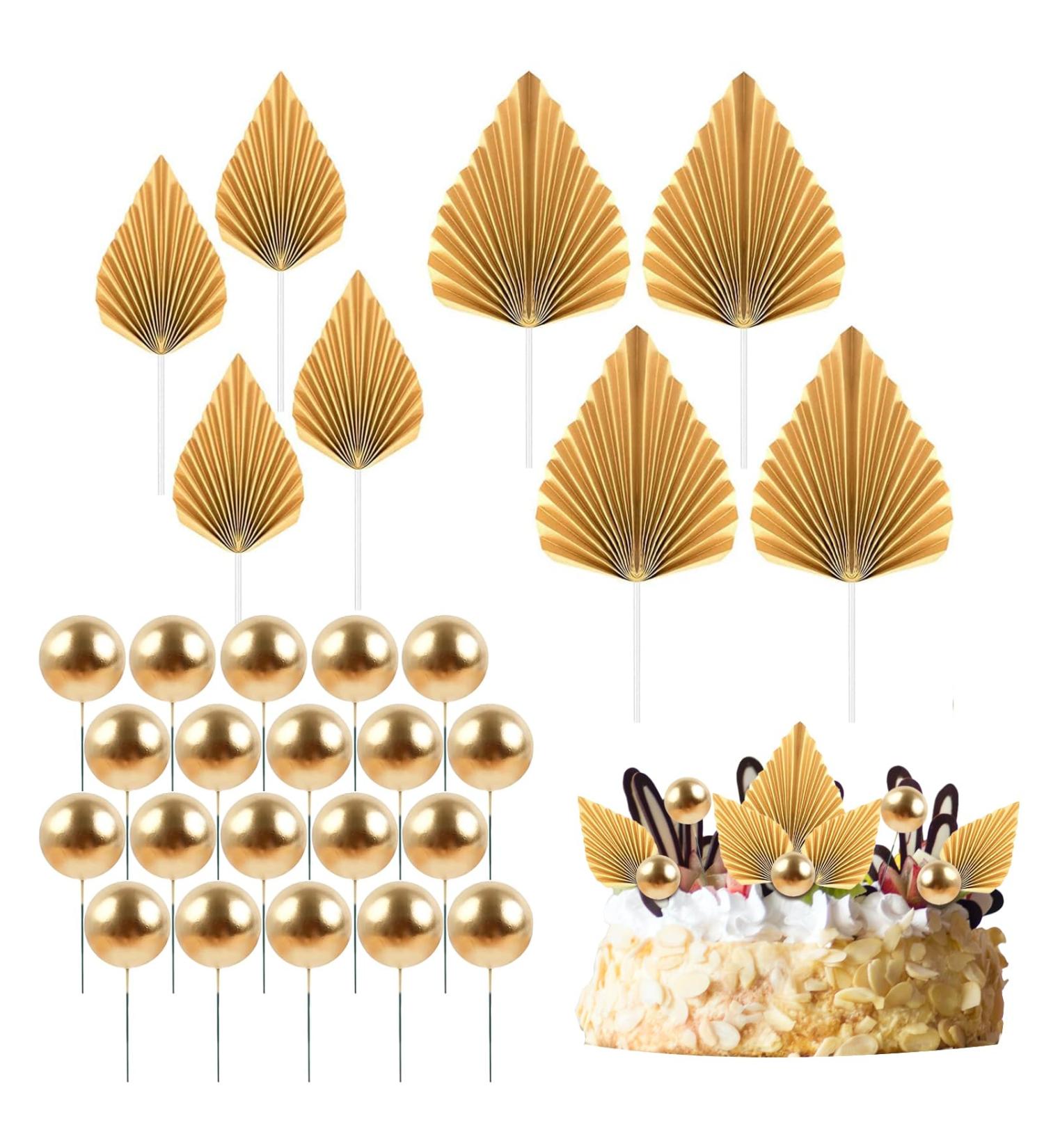 LLMSIX Gold Palm Leaves & Foam Balls Cake Decor Set - Ideal for Baby Showers, Weddings, Birthdays - 28PCS Palm Leaves, 20PCS Foam Balls, 8PCS Leaf Inserts - Buy Online on GoSupps.com