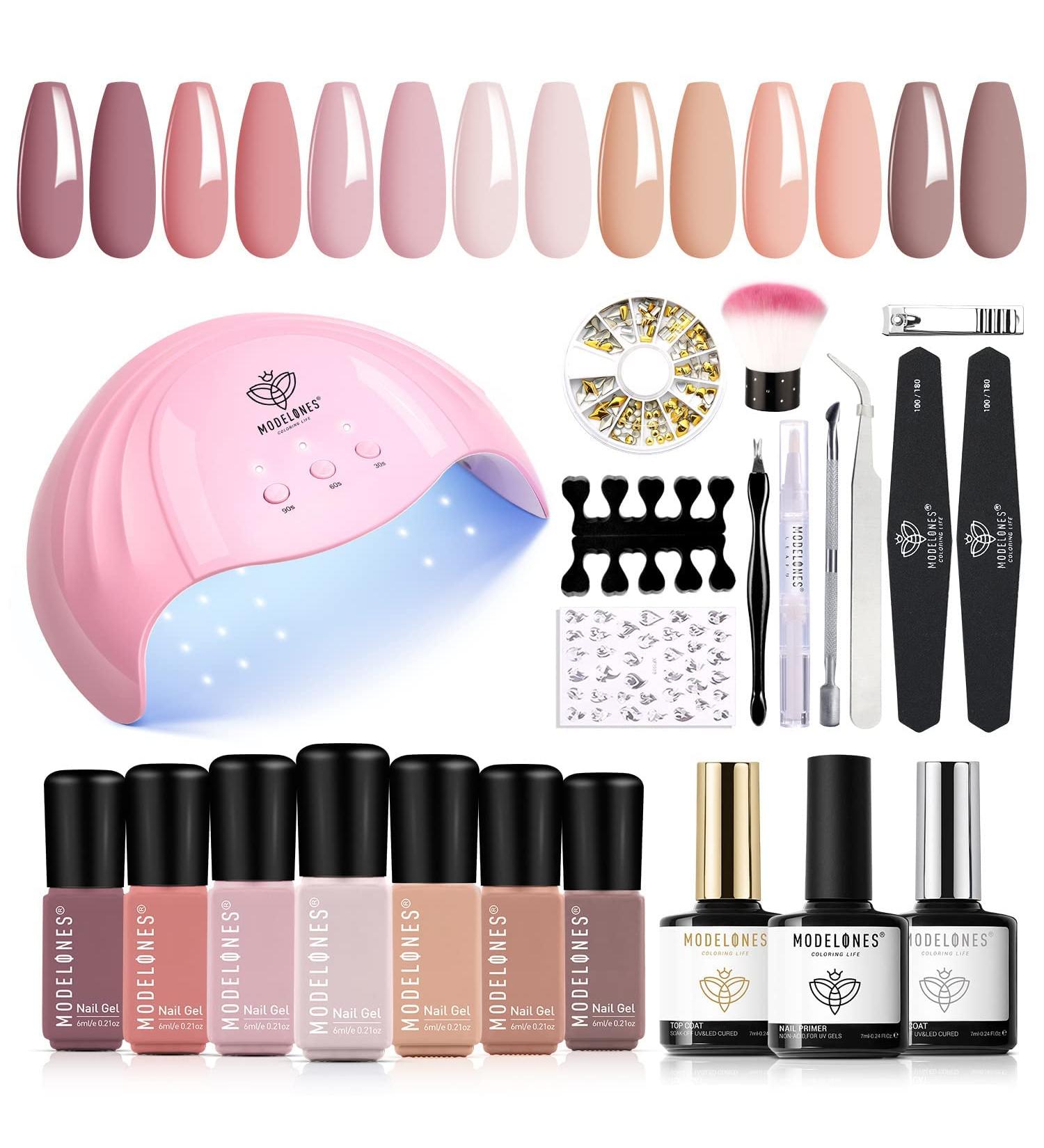 Modelones Gel Nail Polish Kit With 48w UV Led Nail Lamp Starter Kit 22 Pcs Nude Pink Soak Off Nail Gel Polish Set No Wipe Base & Top Coat Bond Primer Diy Home Nail Curing - Buy Online on GoSupps.com