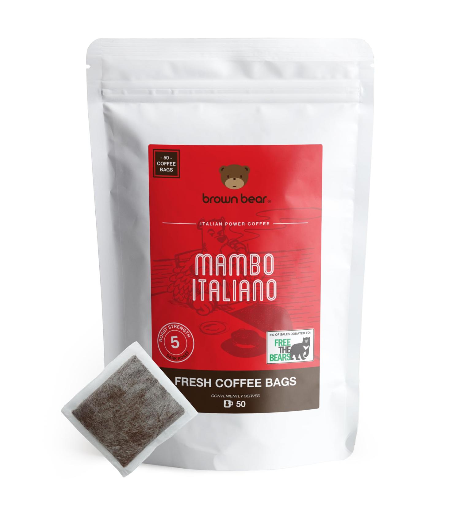 Brown Bear Mambo Italiano Strong Espresso Ground Coffee Bags - 50 Count - Strength 5 - Donate to Free The Bears - Arabica Coffee Bags Like Espresso Tea Bags 50 Pack - Buy Online on GoSupps.com