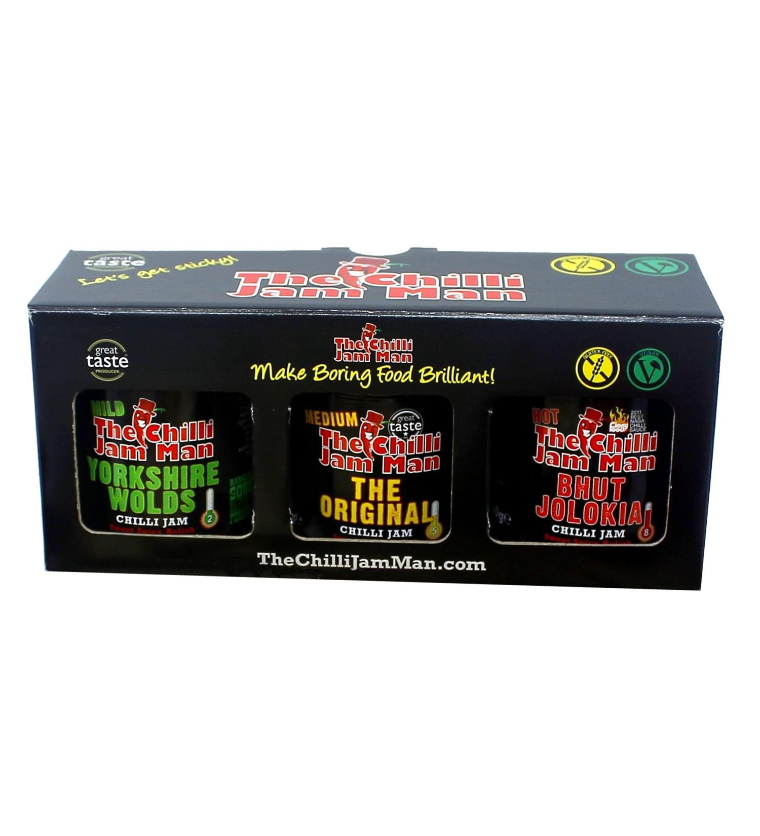 The Chilli Jam Man Mixed Box - Set of 3 Sweet Spicy Hot Chilli Pepper Relish - 3 x 200g - Buy Online on GoSupps.com