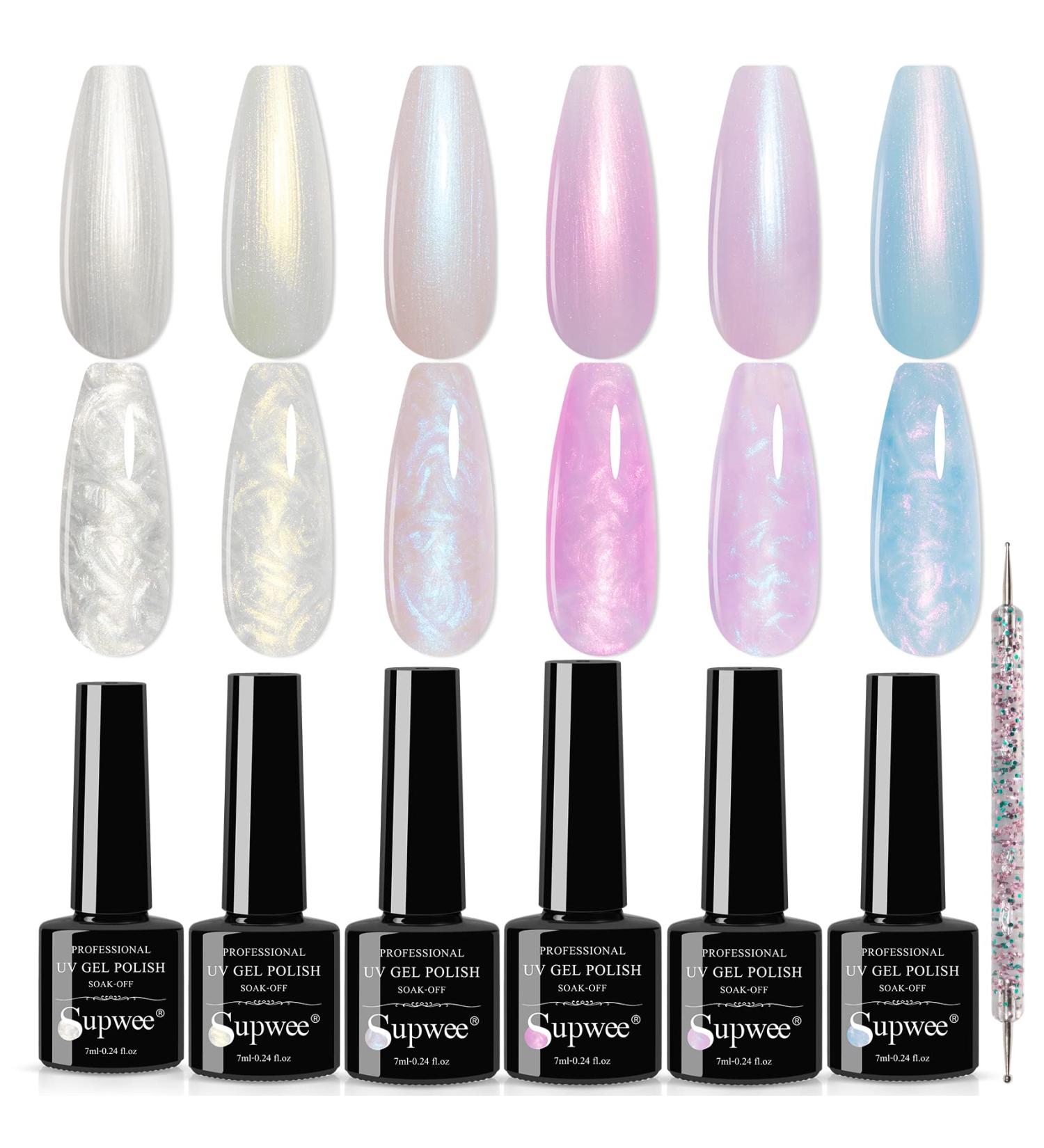 SUPWEE Pearl Gel Nail Polish Shimmer Mermaid Gel Polish White Pink Purple Blue Glitter Nail Polish Nail Gel Set Shell Swirl Thread Effect Soak Off UV Gel for Salon Home Manicure 6 Colors LW134 - Buy Online on GoSupps.com